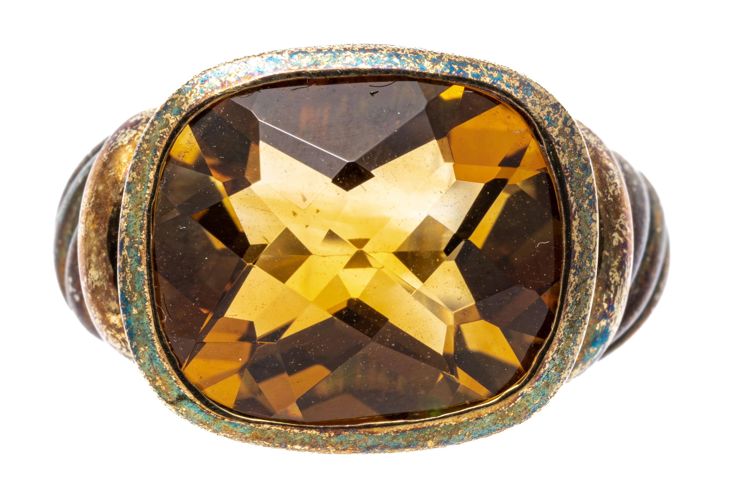David Yurman Sterling and Gold Rectangular Checkerboard Citrine Ring In Good Condition For Sale In Southport, CT