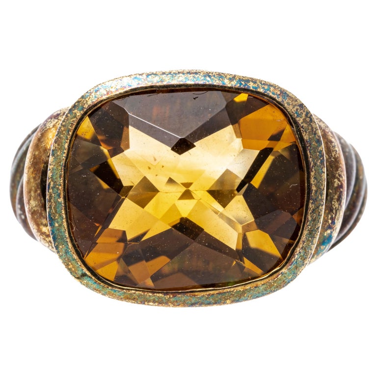David Yurman Sterling and Gold Rectangular Checkerboard Citrine