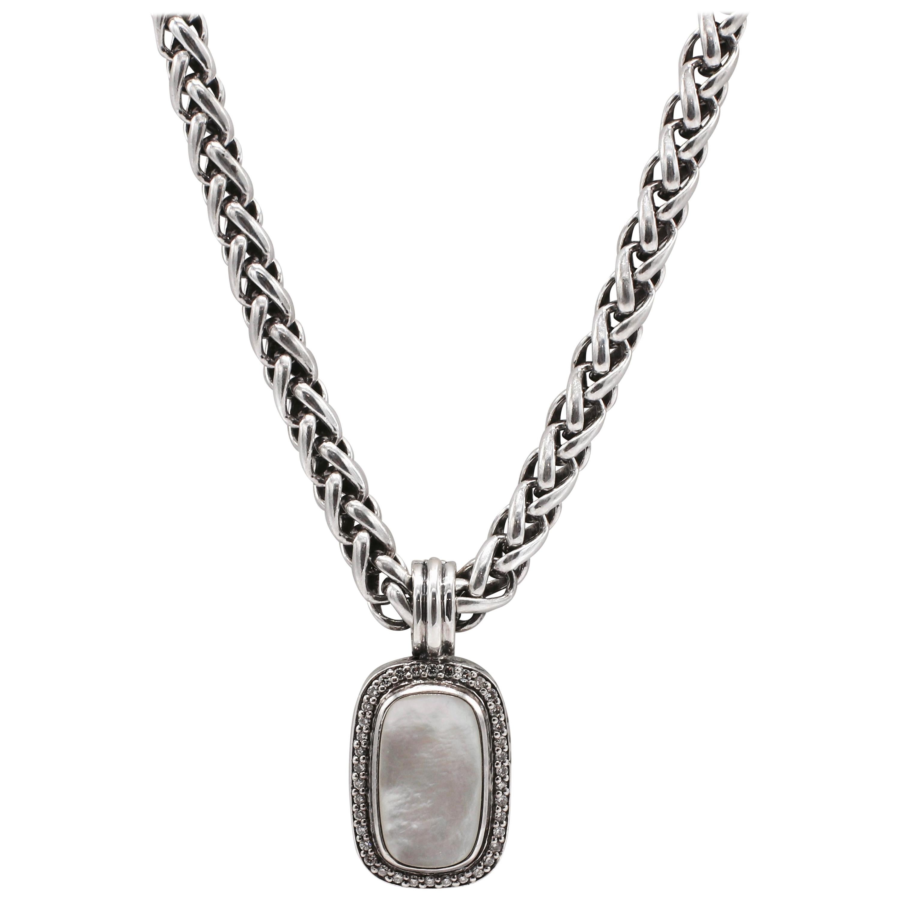 David Yurman Sterling Diamond Mother of Pearl Enhancer Pendant Necklace