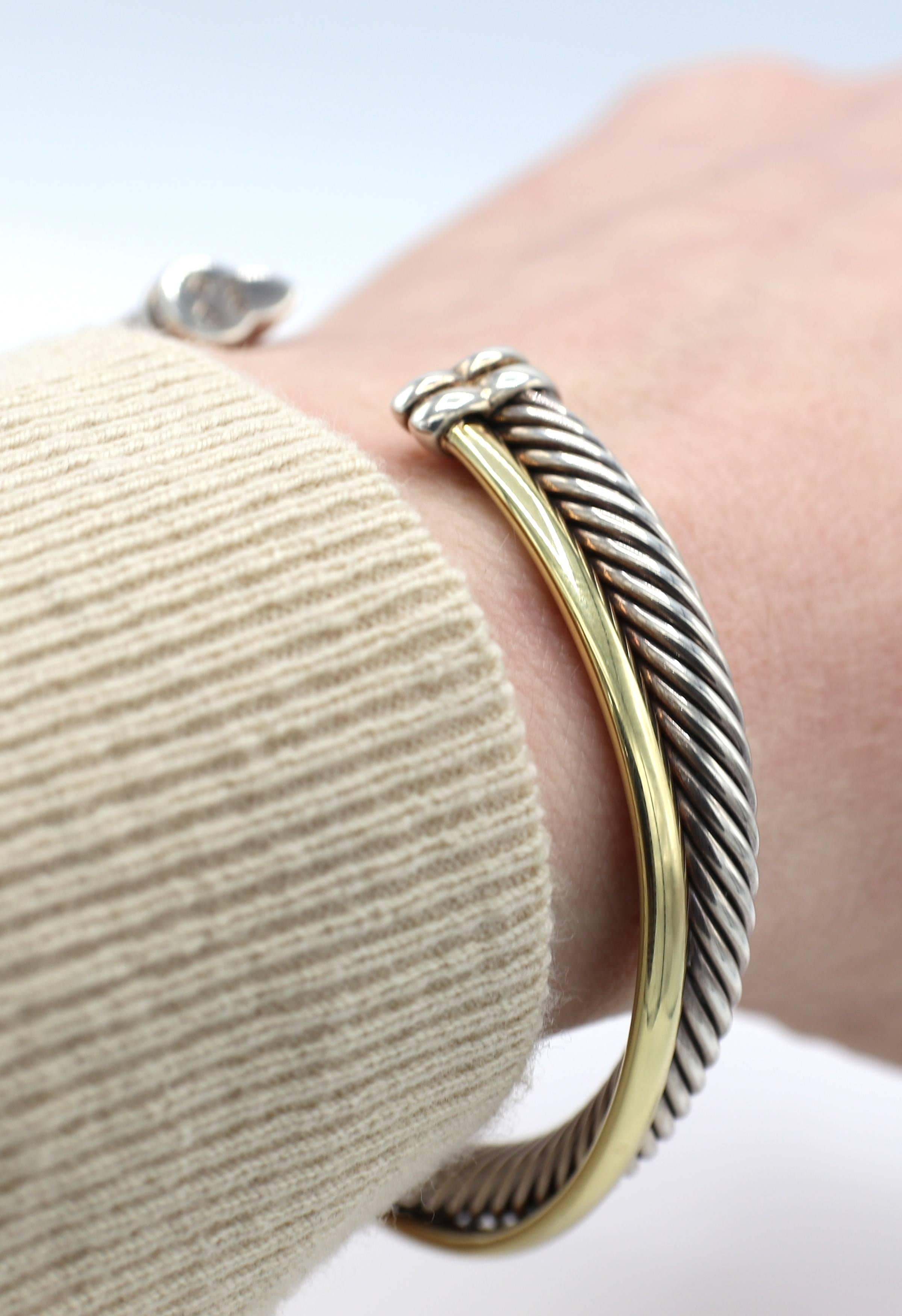 David Yurman Sterling & Gold Cable Crossover Cuff Bangle Bracelet In Good Condition In  Baltimore, MD