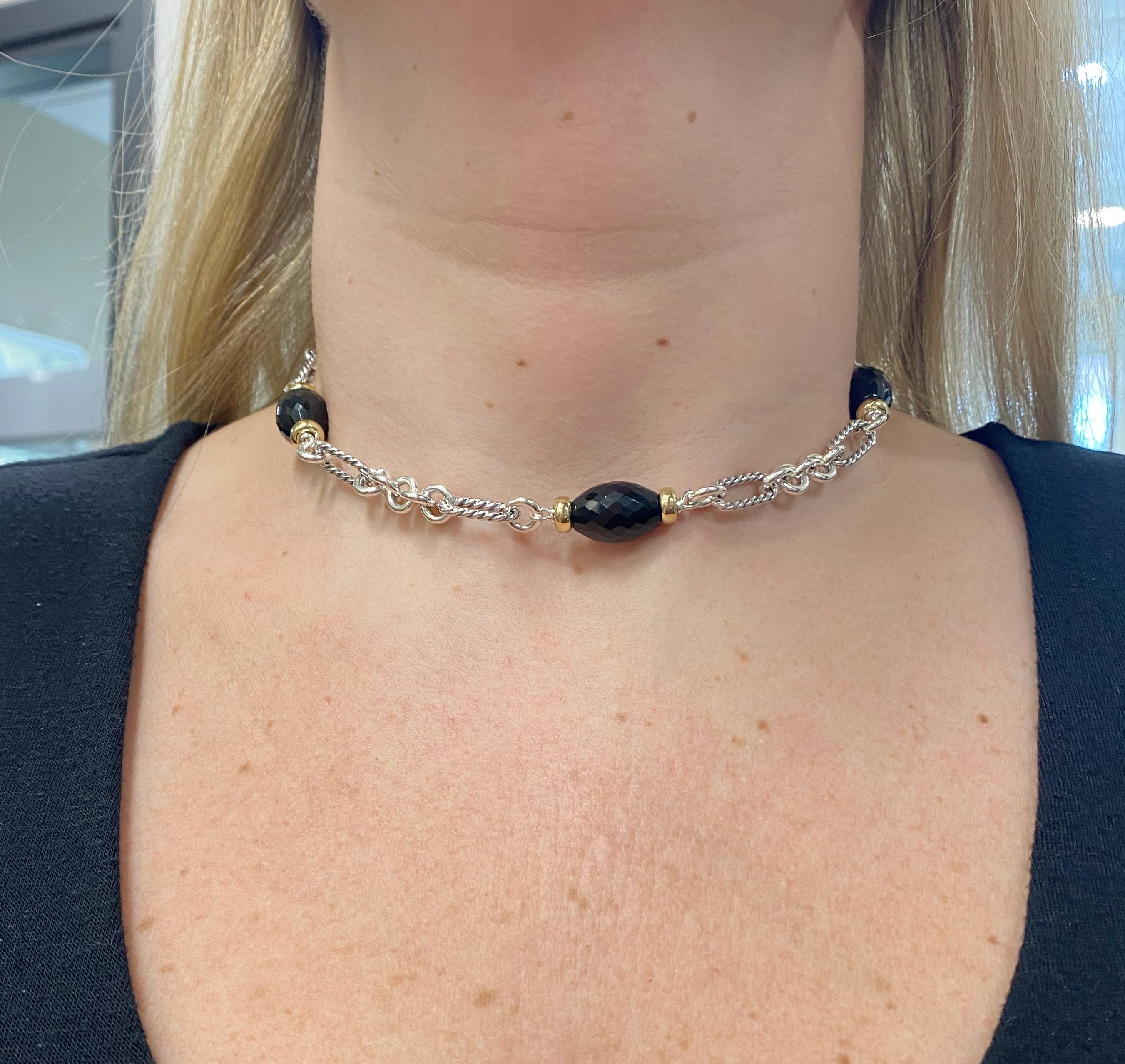 David Yurman Sterling & Gold Onyx Station Chain Link Necklace In Excellent Condition In  Baltimore, MD