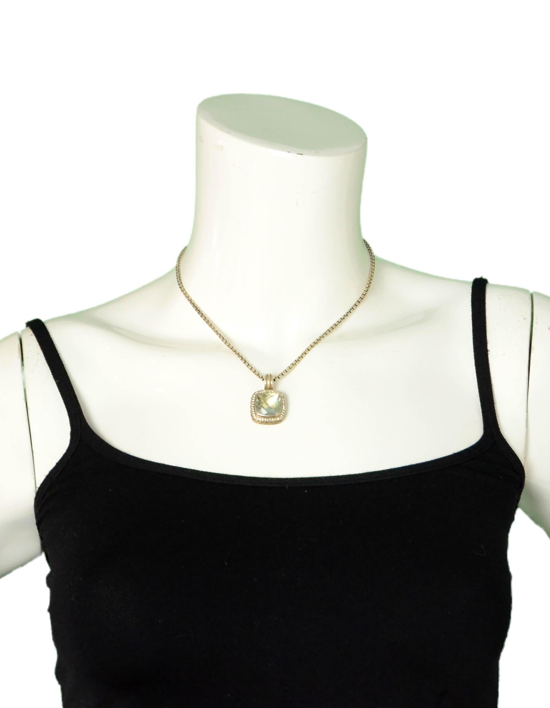 David Yurman Sterling Silver Prasiolite & Diamond Albion Pendant Necklace

Materials: Sterling silver, parsiolite, diamond
Hallmarks: DY 925
Closure/Opening: Lobster
Overall Condition: Excellent pre-owned condition
Estimated Retail: $1,550
Includes: