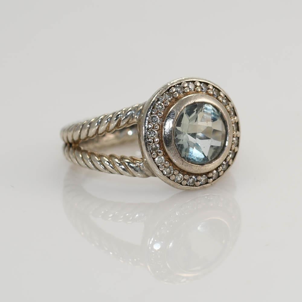 Round Cut David Yurman Sterling Prasiolite & Diamond Ring, .20tdw For Sale