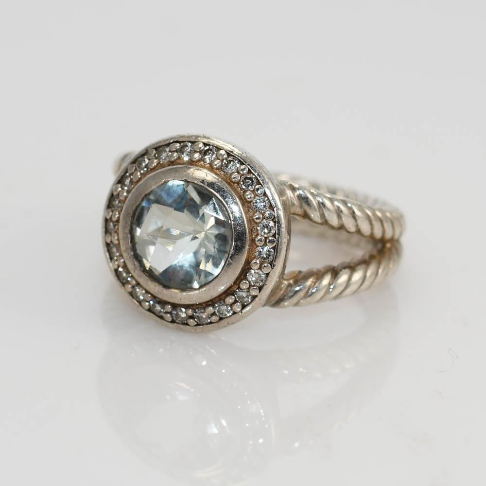 David Yurman Sterling Prasiolite & Diamond Ring, .20tdw In Excellent Condition For Sale In Laguna Beach, CA
