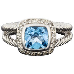 David Yurman Albion Sterling Silver Cushion Blue Topaz & Diamond Halo Ring
