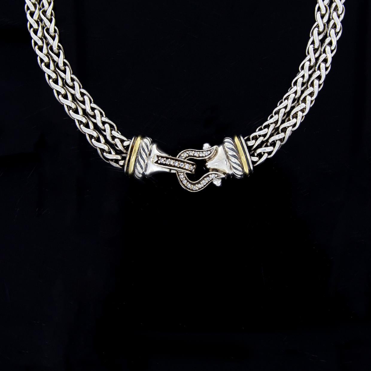 Item Details:
Brand - David Yurman
Metal - Sterling Silver & 18 Karat Yellow Gold
Main Stone - Diamond
Main Stone Total Weight - 0.18 Carat
Style - Choker Necklace
Fastening - Box
Length (inches) - 15 in
Estimated Retail - $1,650

The history of