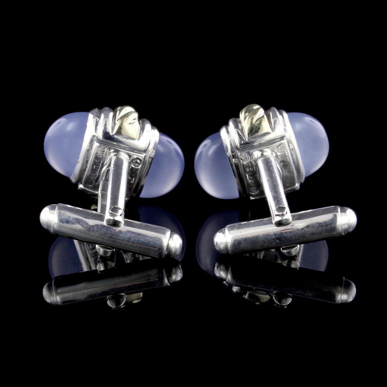David Yurman Sterling Silver 14 Karat Gold Blue Chalcedony Bullet Cufflinks In Excellent Condition In Nashua, NH