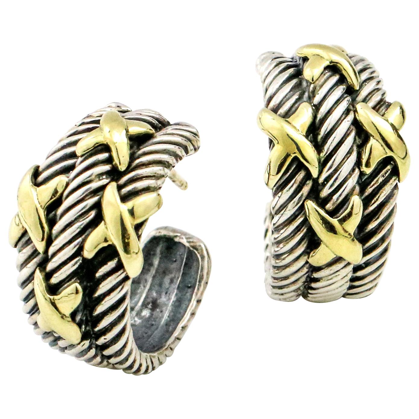 David Yurman Sterling Silver 14 Karat Gold X Cable Classics Hoop Earrings For Sale