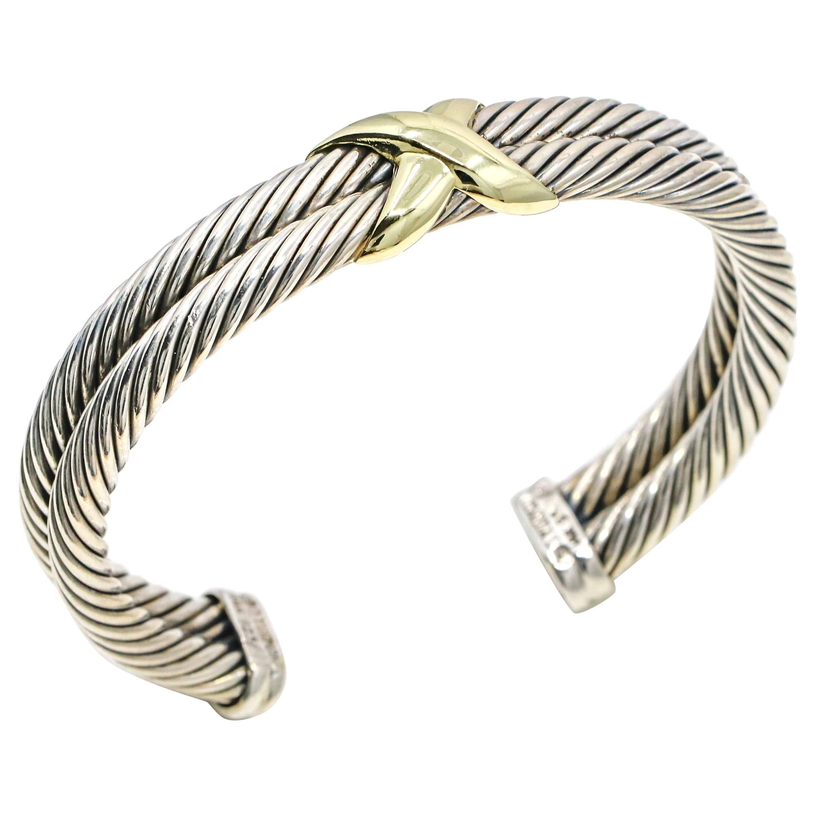 David Yurman Sterling Silver 14 Karat Gold X-Double Cable Cuff Bracelet For Sale
