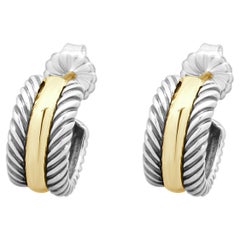 David Yurman Sterling Silver & 14 Karat Yellow Gold Cable Huggie Earrings