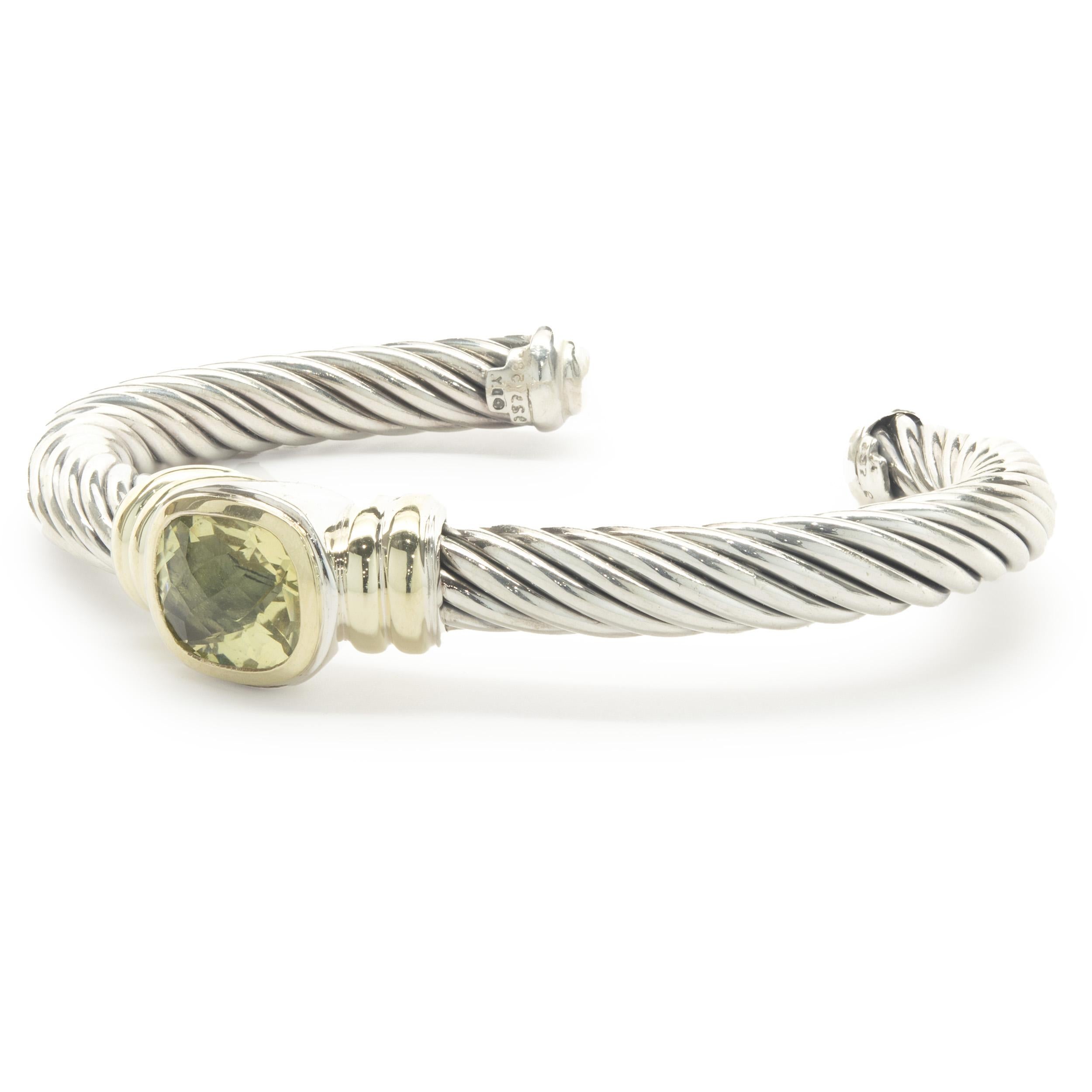 Oval Cut David Yurman Sterling Silver & 14 Karat Yellow Gold Peridot Cable Cuff Bracelet For Sale