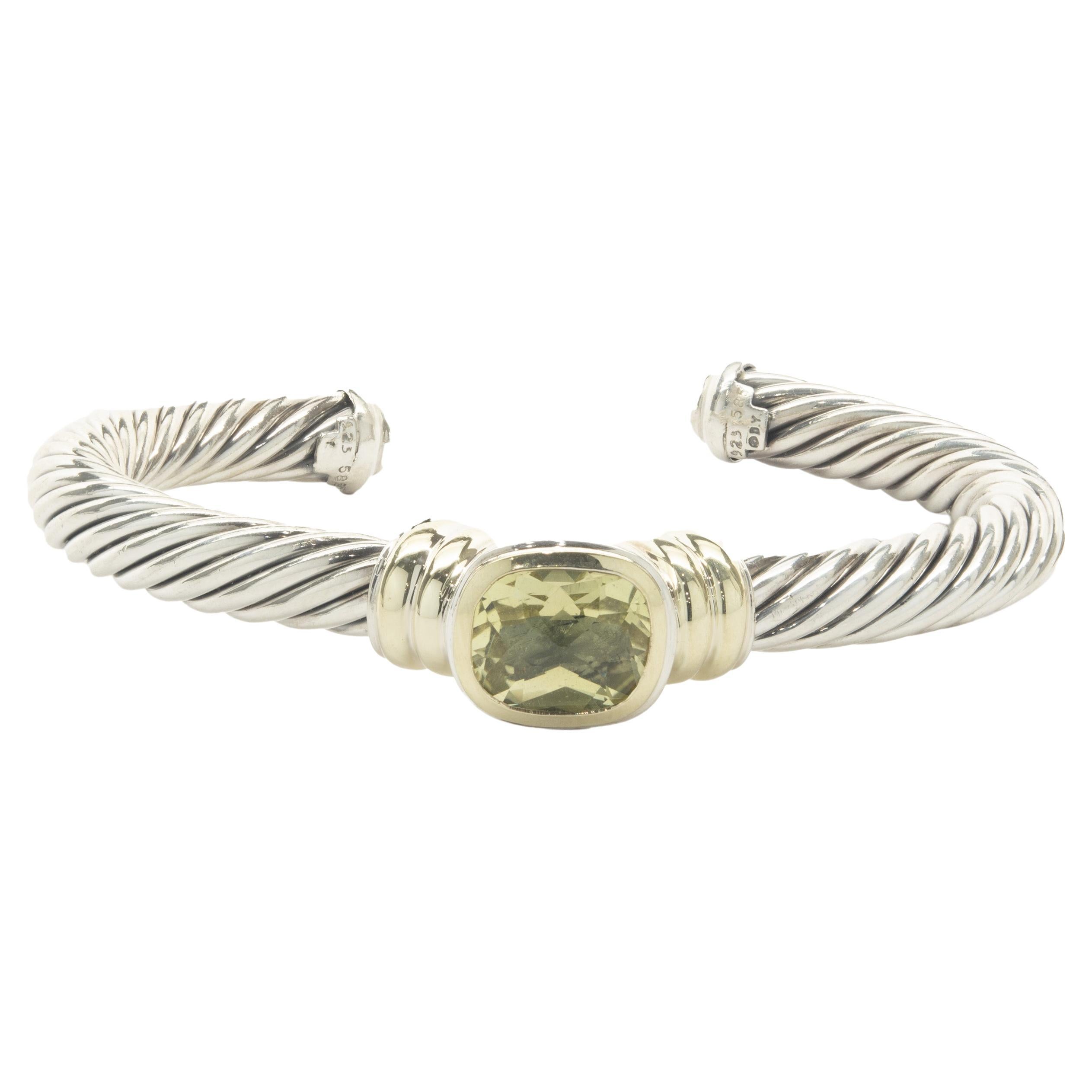 David Yurman Sterling Silver & 14 Karat Yellow Gold Peridot Cable Cuff Bracelet For Sale