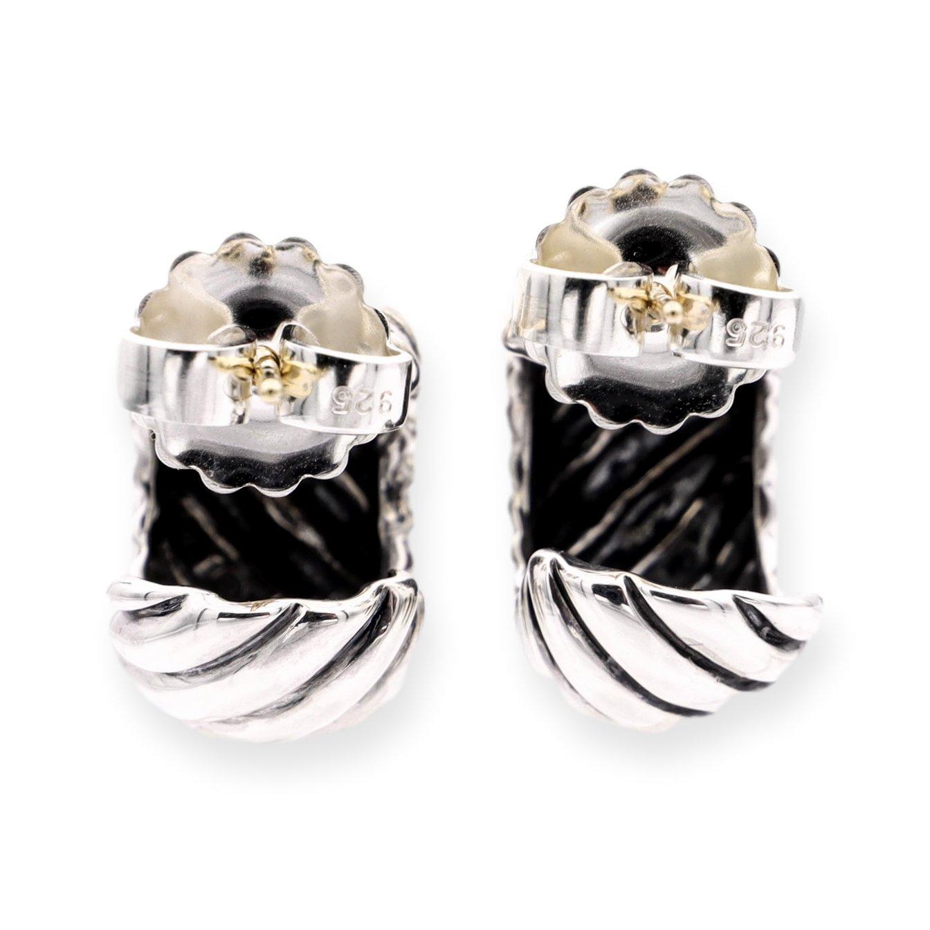 David Yurman pair of shrimp style earrings finely crafted from solid sterling silver in a fine polished finish with a twisted cable design. The earrings boast a chubby curved semi hoop design with 14 karat gold posts and push in large butterfly