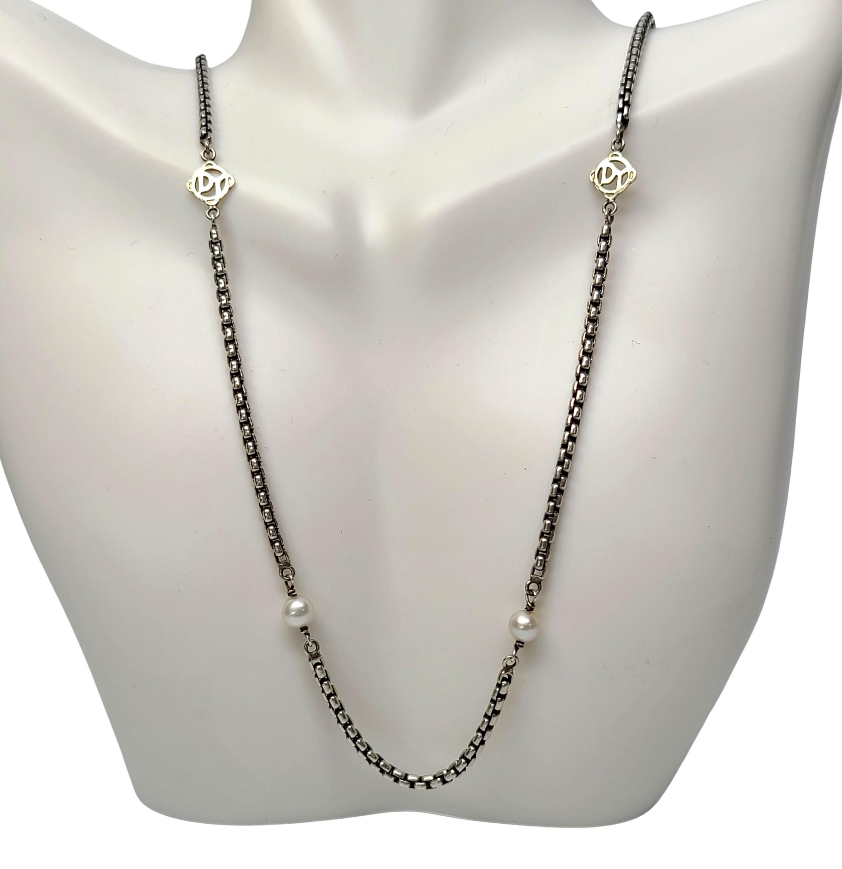 David Yurman Sterling Silver 14K DY Logo Link and Pearl Necklace 1