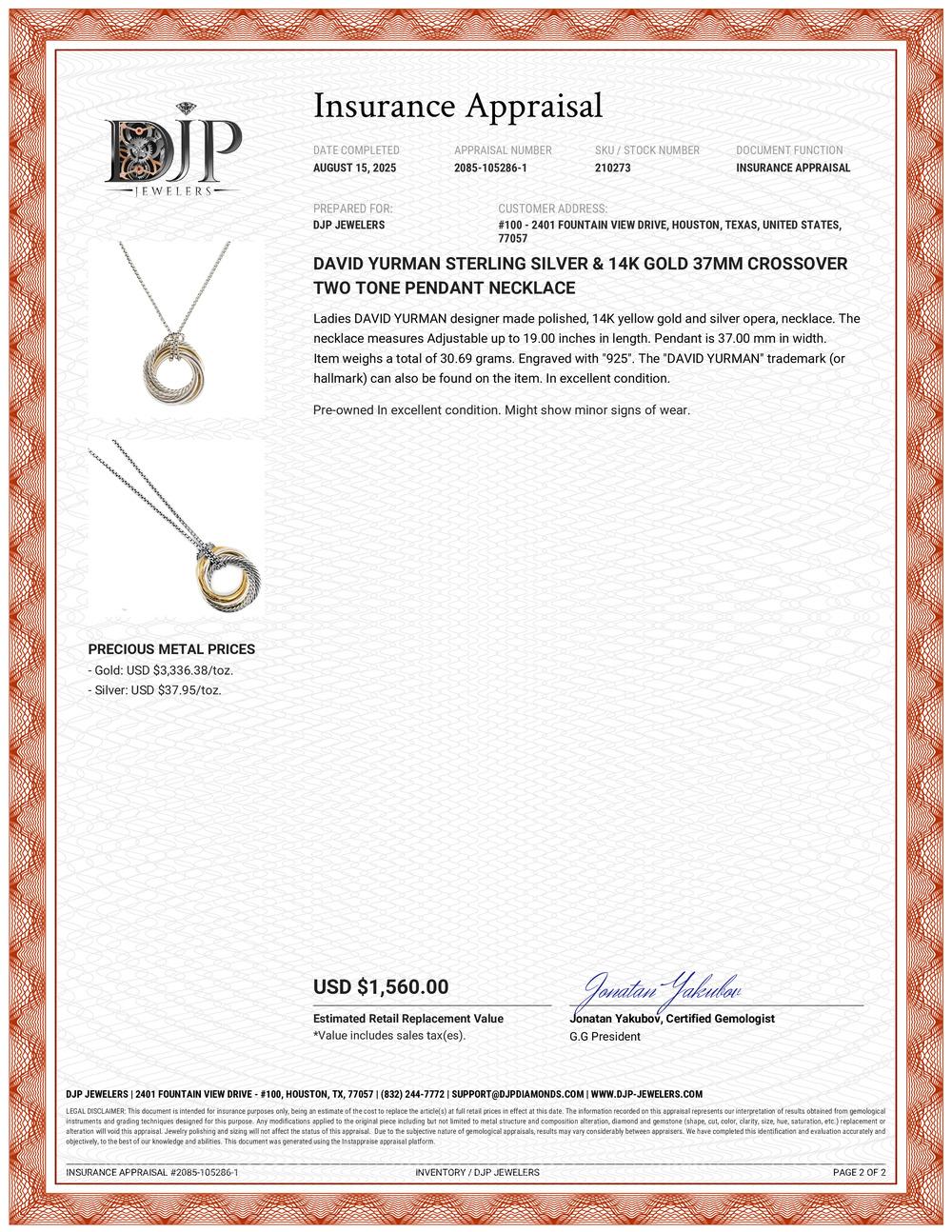 David Yurman Sterling Silver & 14K Gold 37MM Crossover Two Tone Pendant Necklace (Collier à pendentifs) en vente 4