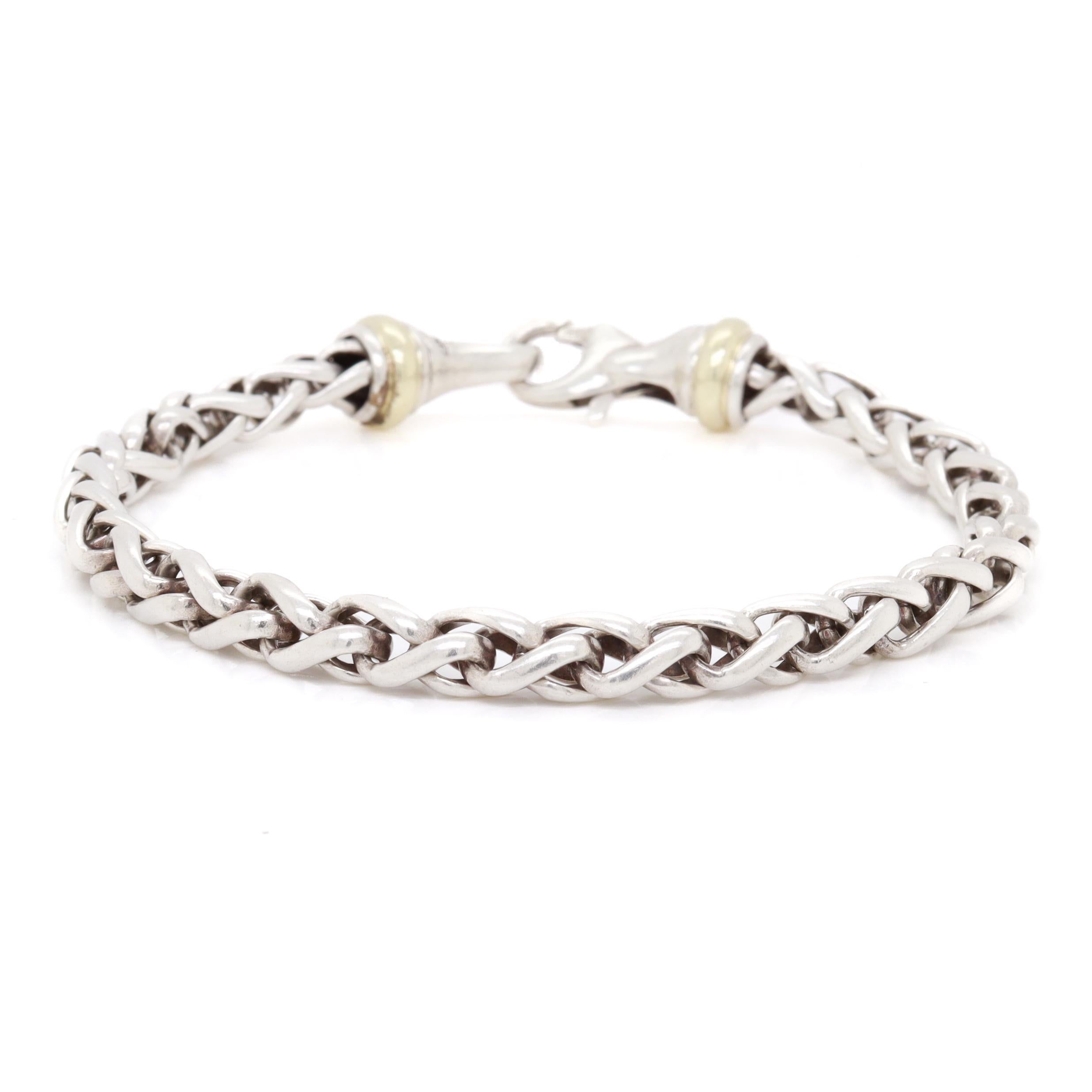 David Yurman Sterling Silver & 14K Gold 5mm Wheat Chain Bracelet In Good Condition For Sale In Philadelphia, PA
