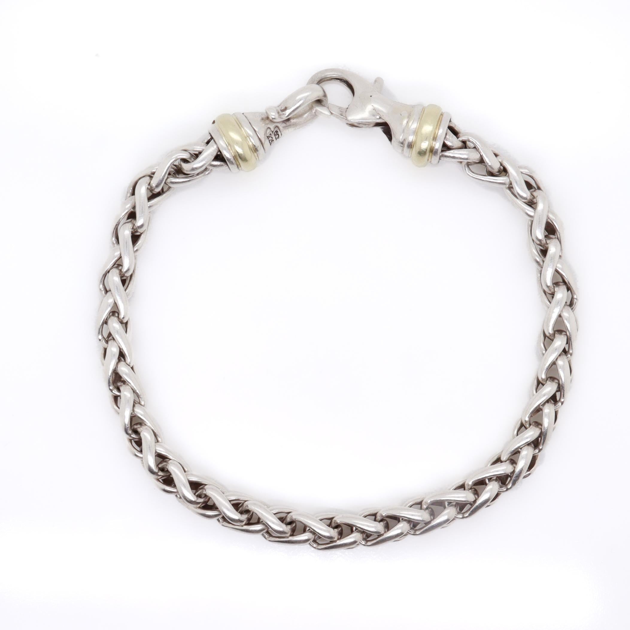 Women's or Men's David Yurman Sterling Silver & 14K Gold 5mm Wheat Chain Bracelet For Sale