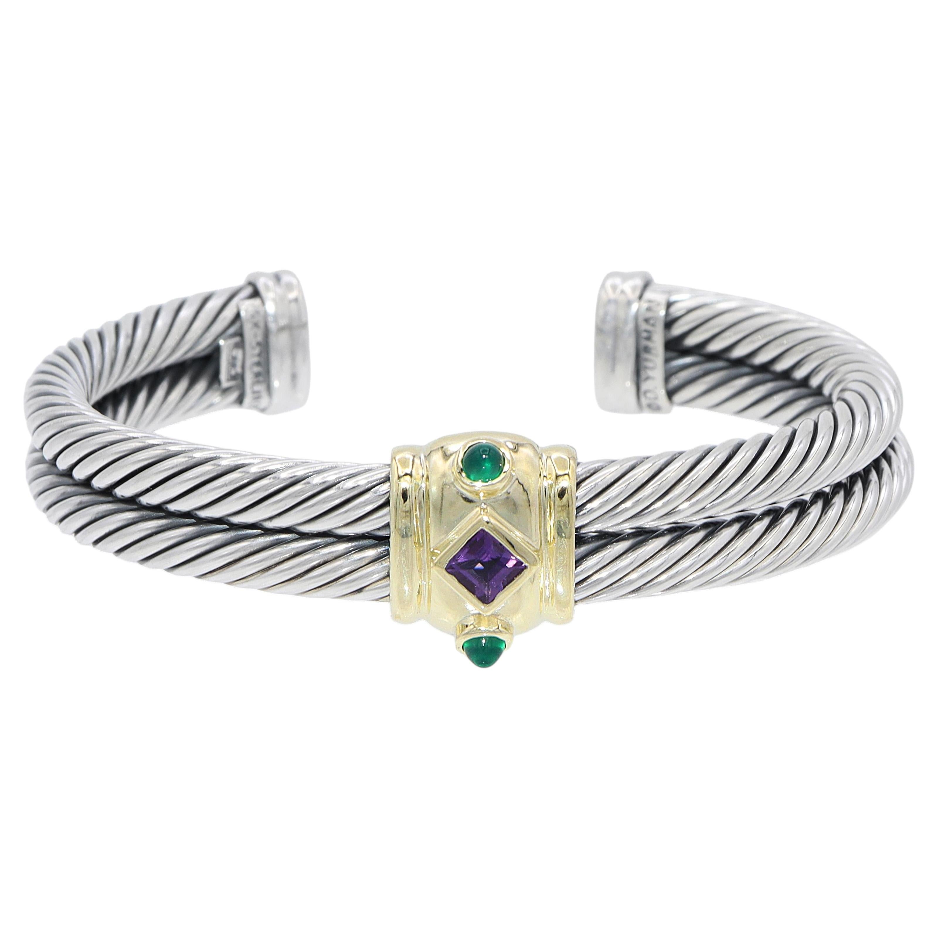 David Yurman Sterling Silver 14K Gold Amethyst Green Onyx Cable Cuff Bracelet