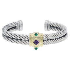 David Yurman Sterling Silver 14K Gold Amethyst Green Onyx Cable Cuff Bracelet