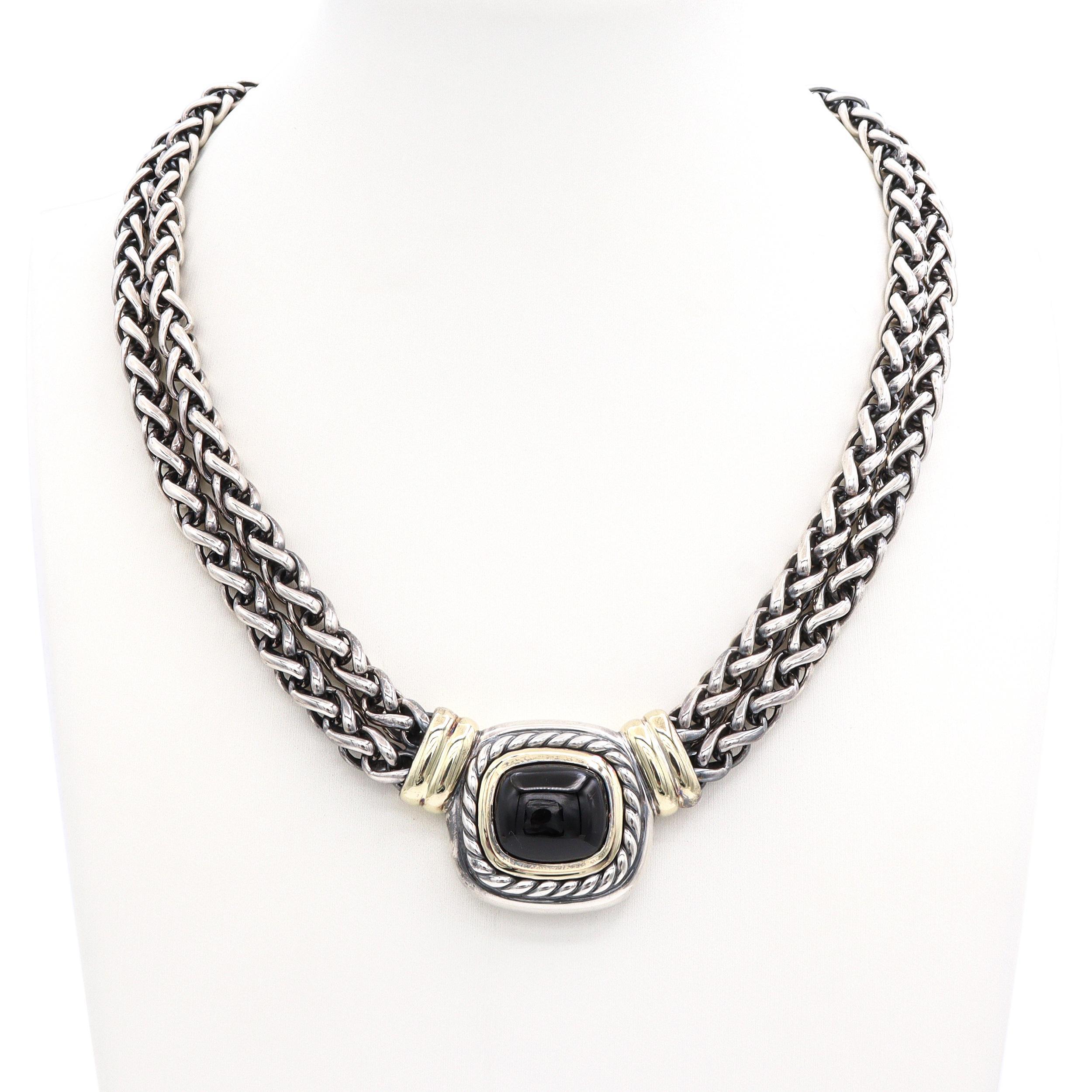 David Yurman Collar de plata de ley y oro de 14 quilates con doble cadena de trigo y ónice negro Corte cojín en venta