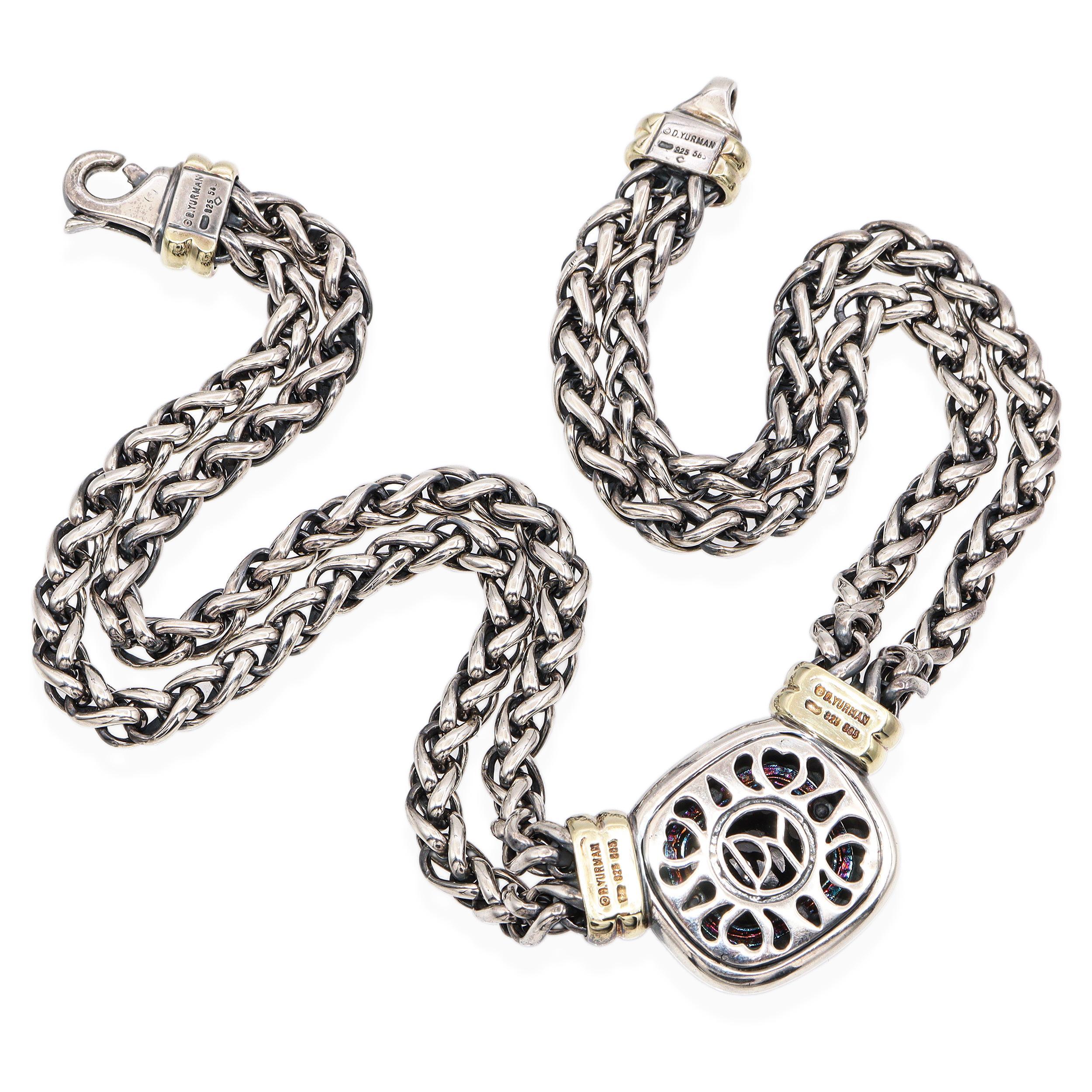 David Yurman Collar de plata de ley y oro de 14 quilates con doble cadena de trigo y ónice negro en Bueno estado para la venta en New York, NY