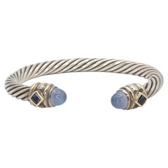 David Yurman Sterling Silver 14K Gold Blue Chalcedony Iolite Cable Cuff Bracelet