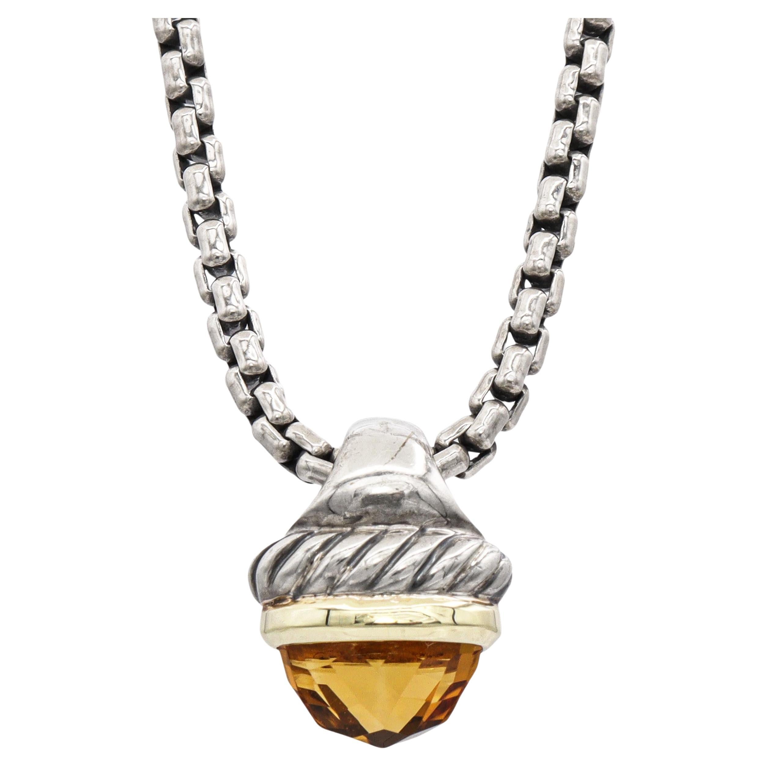 David Yurman Sterling Silver 14k Gold Citrine Acorn Pendant Necklace For Sale