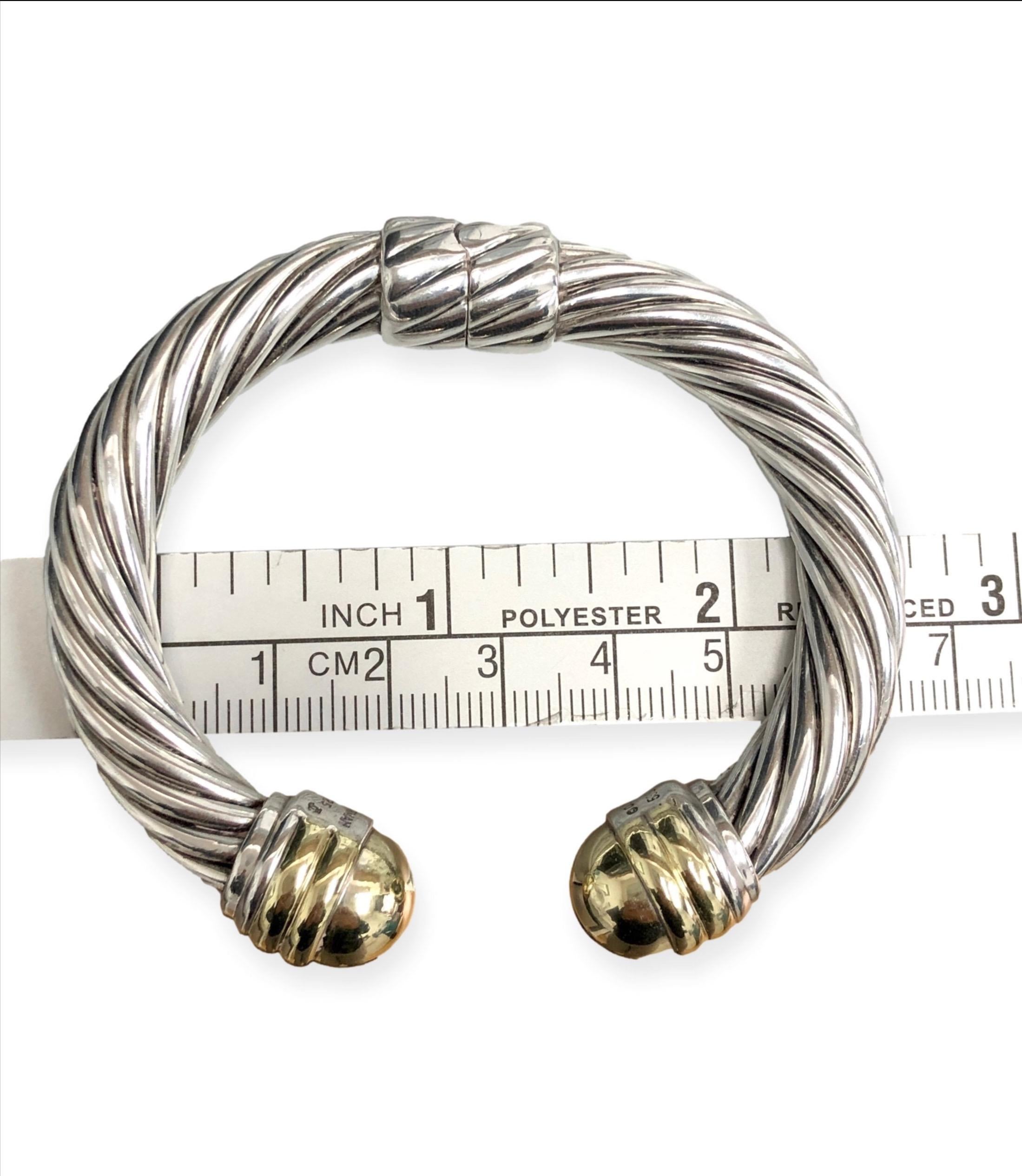David Yurman Sterling Silver 14k Gold Dome Hinge Cable Cuff Bracelet Large 9mm 4