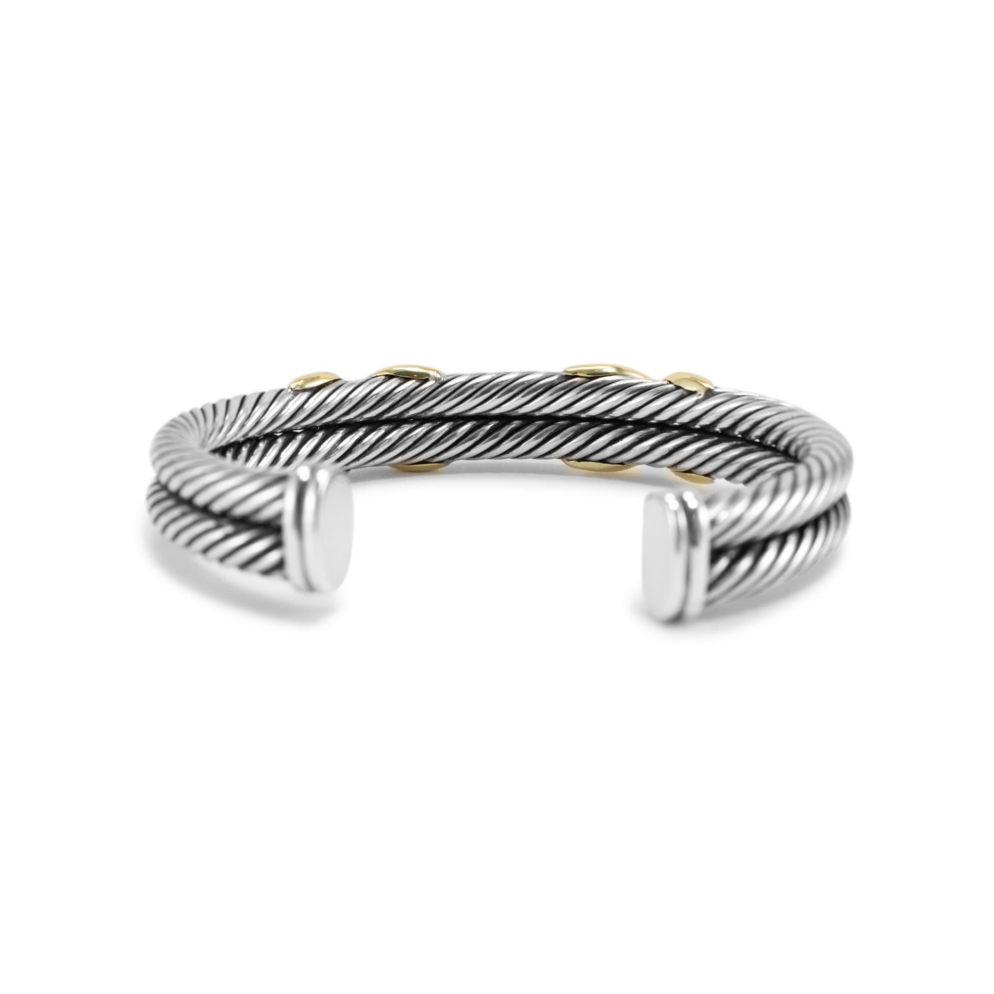 Brand: David Yurman

Gender: Women's

Metal Type: Sterling Silver & 14K Gold 

Length: 6.75 inches

Width: 12.30 mm

Weight: 12.30 grams

Lady's DAVID YURMAN designer made  14K yellow gold and silver, bangle, cuff bracelet. Engraved with 