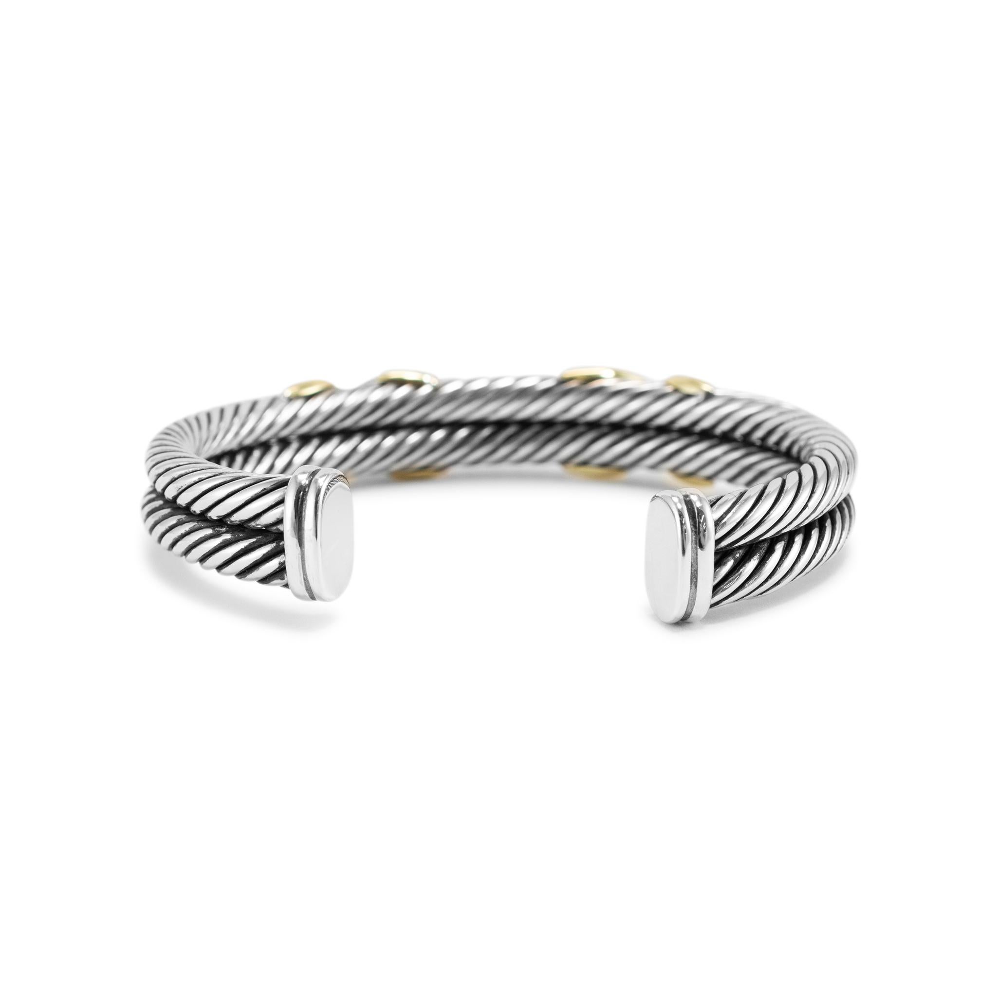 David Yurman Sterling Silver & 14K Gold Double Cable X Cuff Bangle Bracelet In Excellent Condition For Sale In Houston, TX