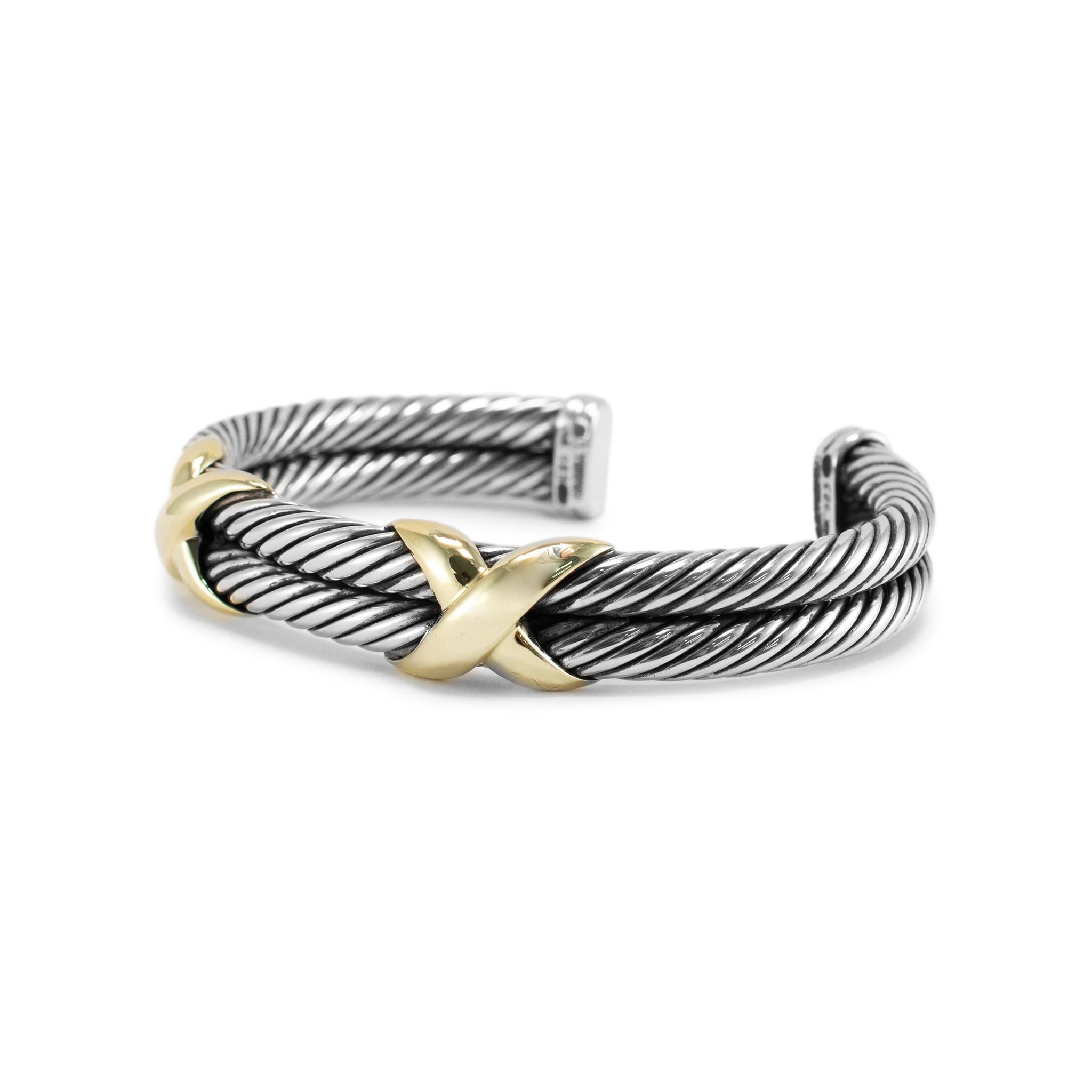 Women's David Yurman Sterling Silver & 14K Gold Double Cable X Cuff Bangle Bracelet For Sale