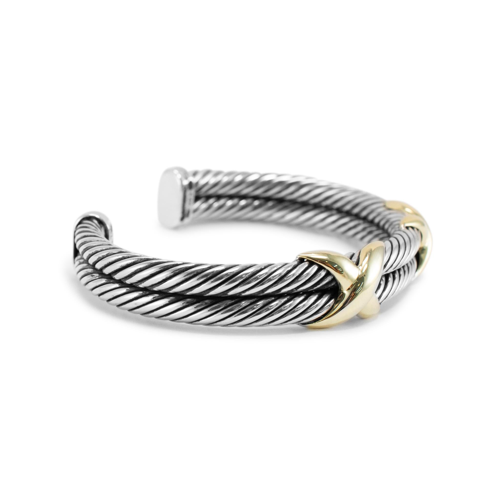 David Yurman Sterling Silver & 14K Gold Double Cable X Cuff Bangle Bracelet For Sale 1