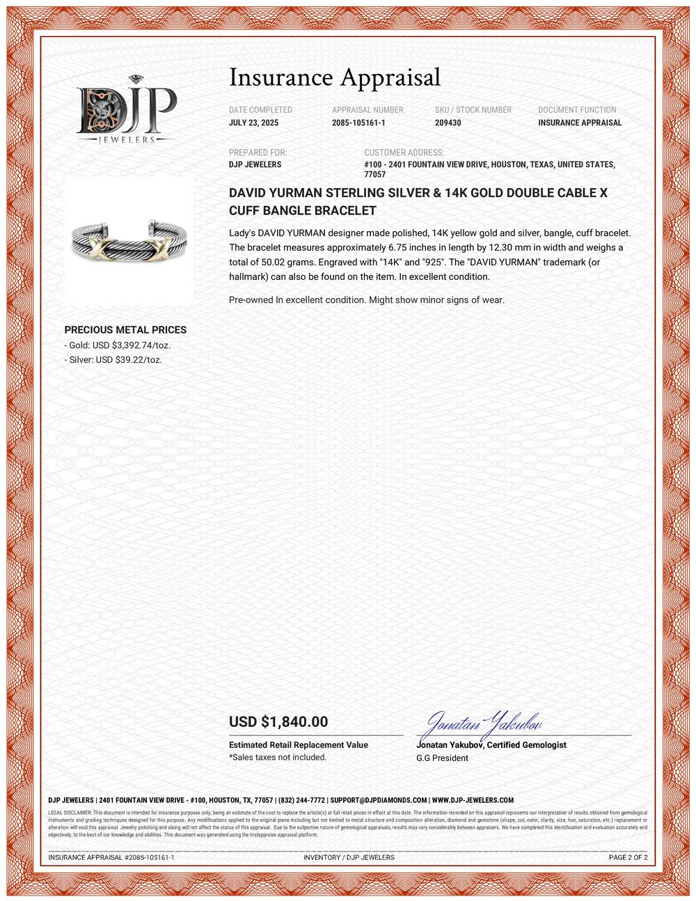 David Yurman Sterling Silver & 14K Gold Double Cable X Cuff Bangle Bracelet For Sale 5