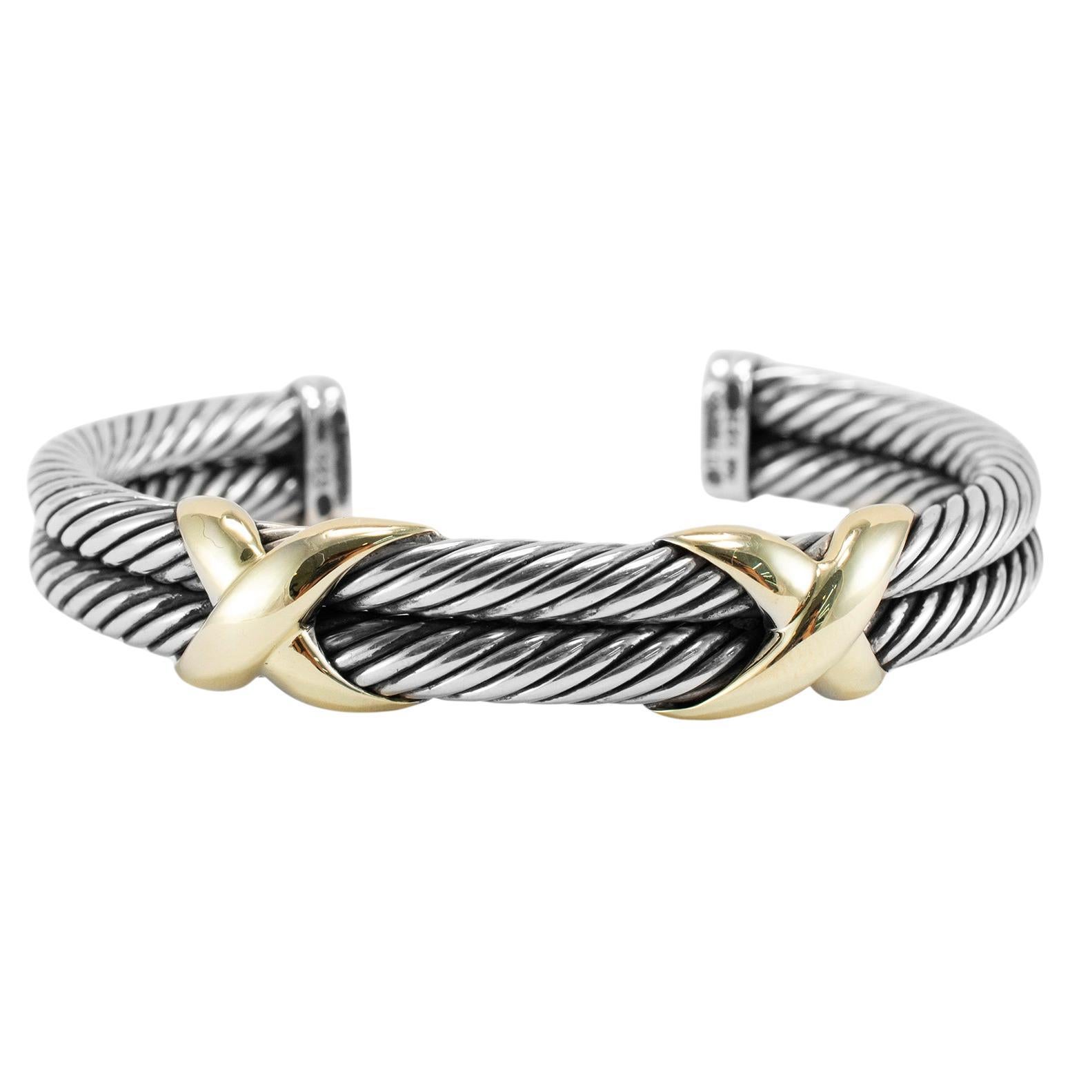 Pulsera brazalete David Yurman de plata de ley y oro de 14 quilates con doble cable en forma de X