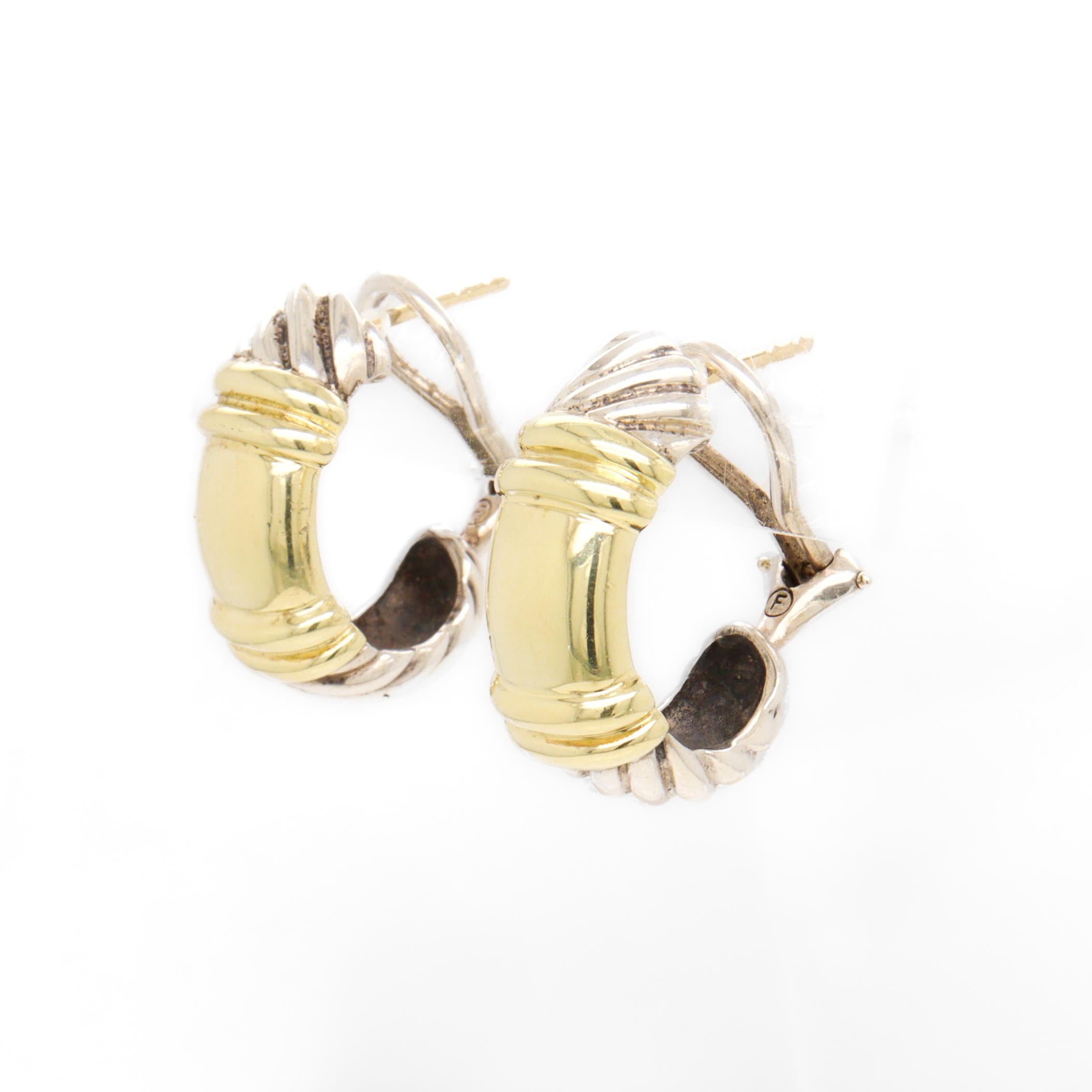 David Yurman Sterling Silver & 14K Gold Huggie Earrings with Omega Clips For Sale 6