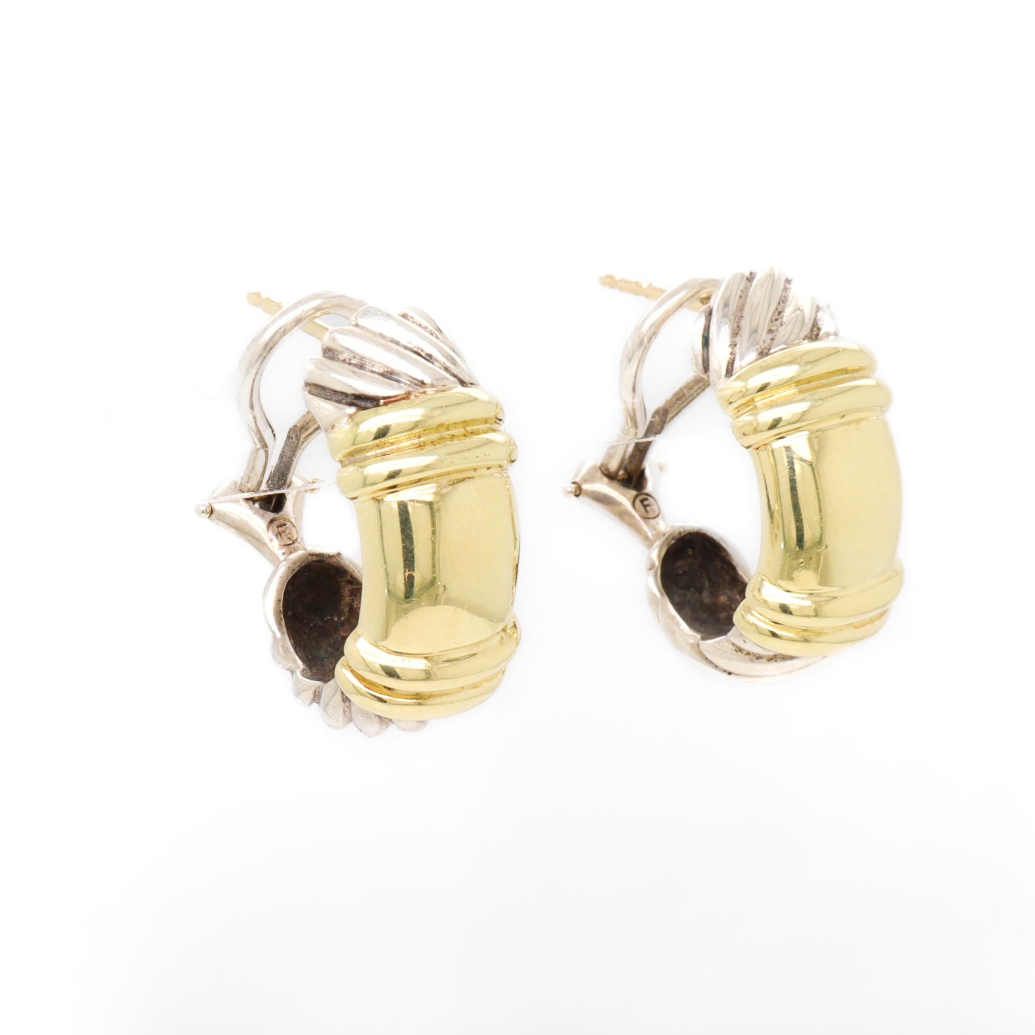 David Yurman Sterling Silver & 14K Gold Huggie Earrings with Omega Clips For Sale 7