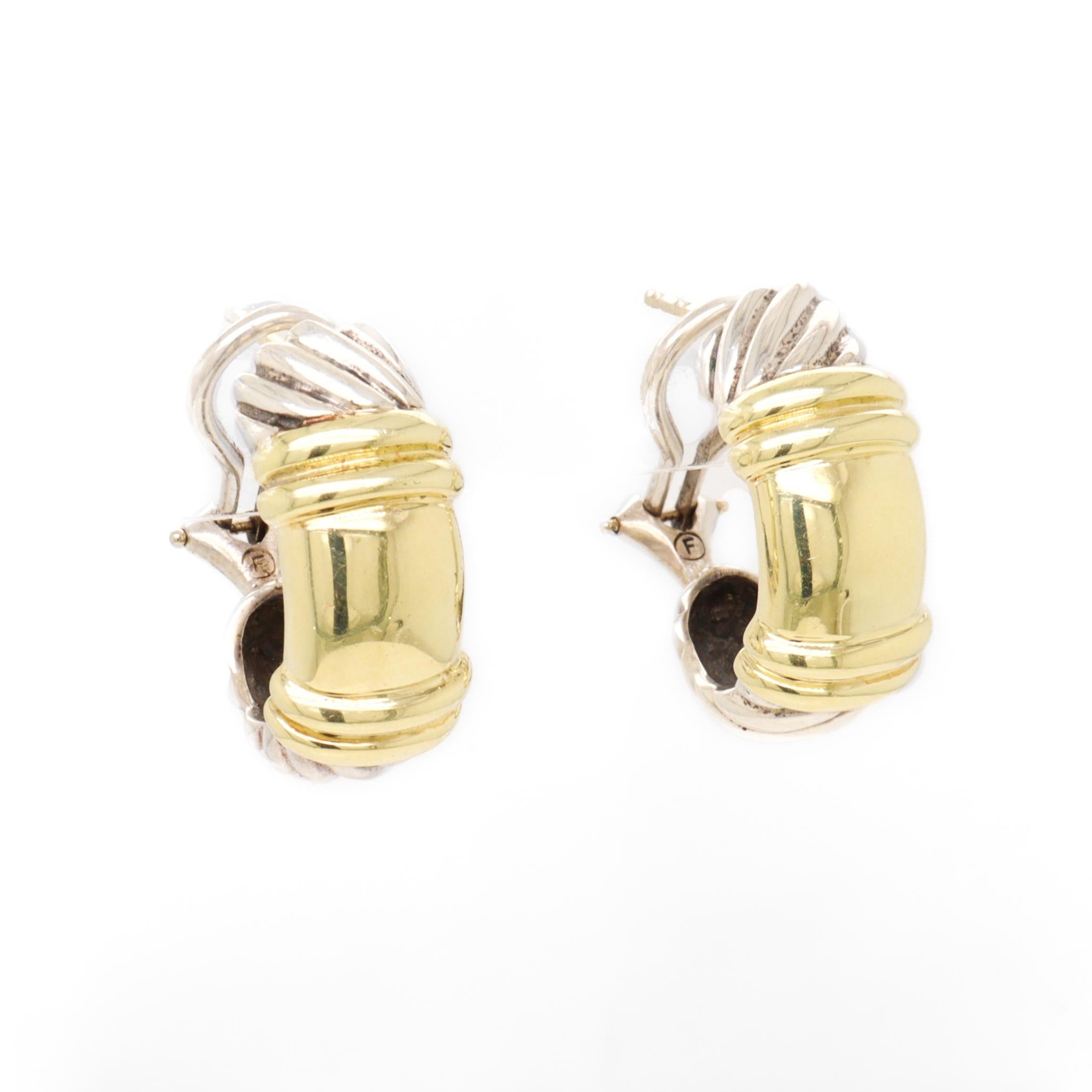 Women's David Yurman Sterling Silver & 14K Gold Huggie Earrings with Omega Clips For Sale