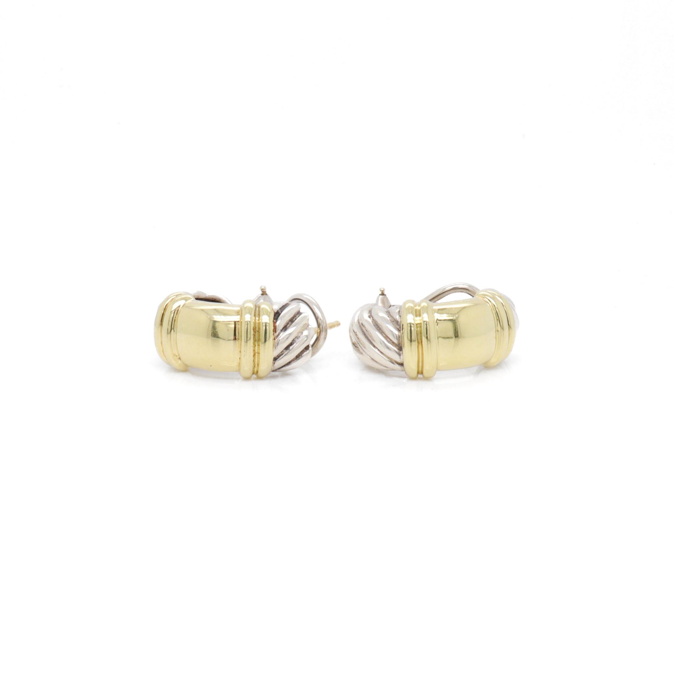 David Yurman Sterling Silver & 14K Gold Huggie Earrings with Omega Clips For Sale 1