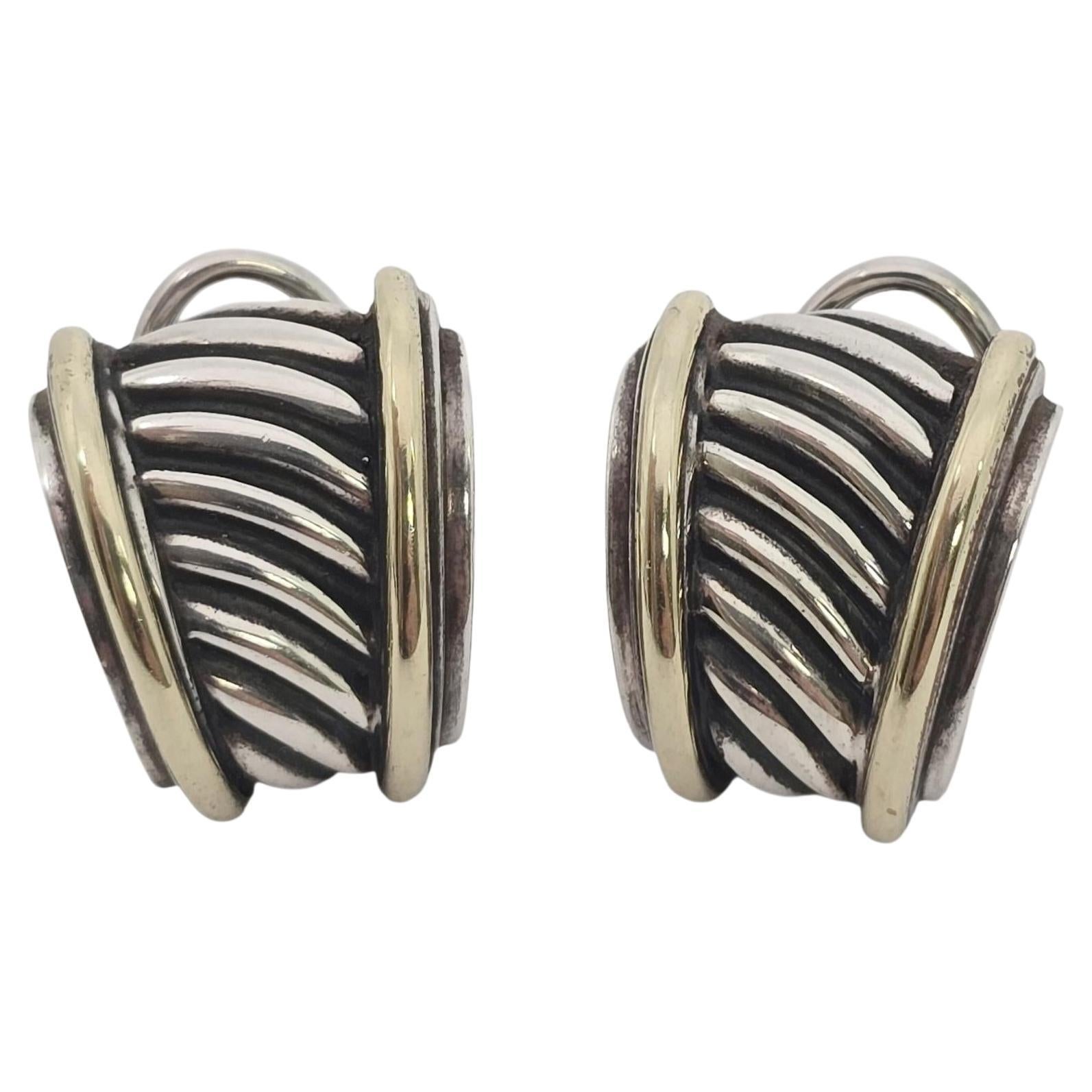 David Yurman Sterling Silver 14K Gold Thoroughbred Cable Earrings #24099