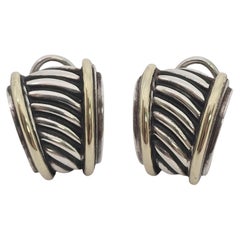 David Yurman Sterling Silver 14K Gold Thoroughbred Cable Earrings #24099