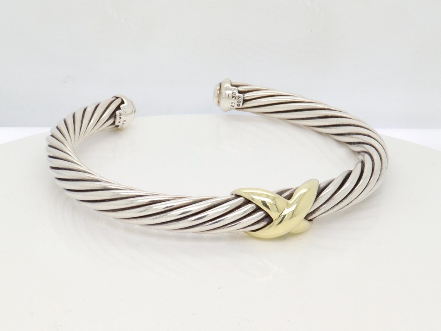 David Yurman Sterling Silver & 14K Gold X Classic Cable Station 7mm Bracelet Pour femmes en vente