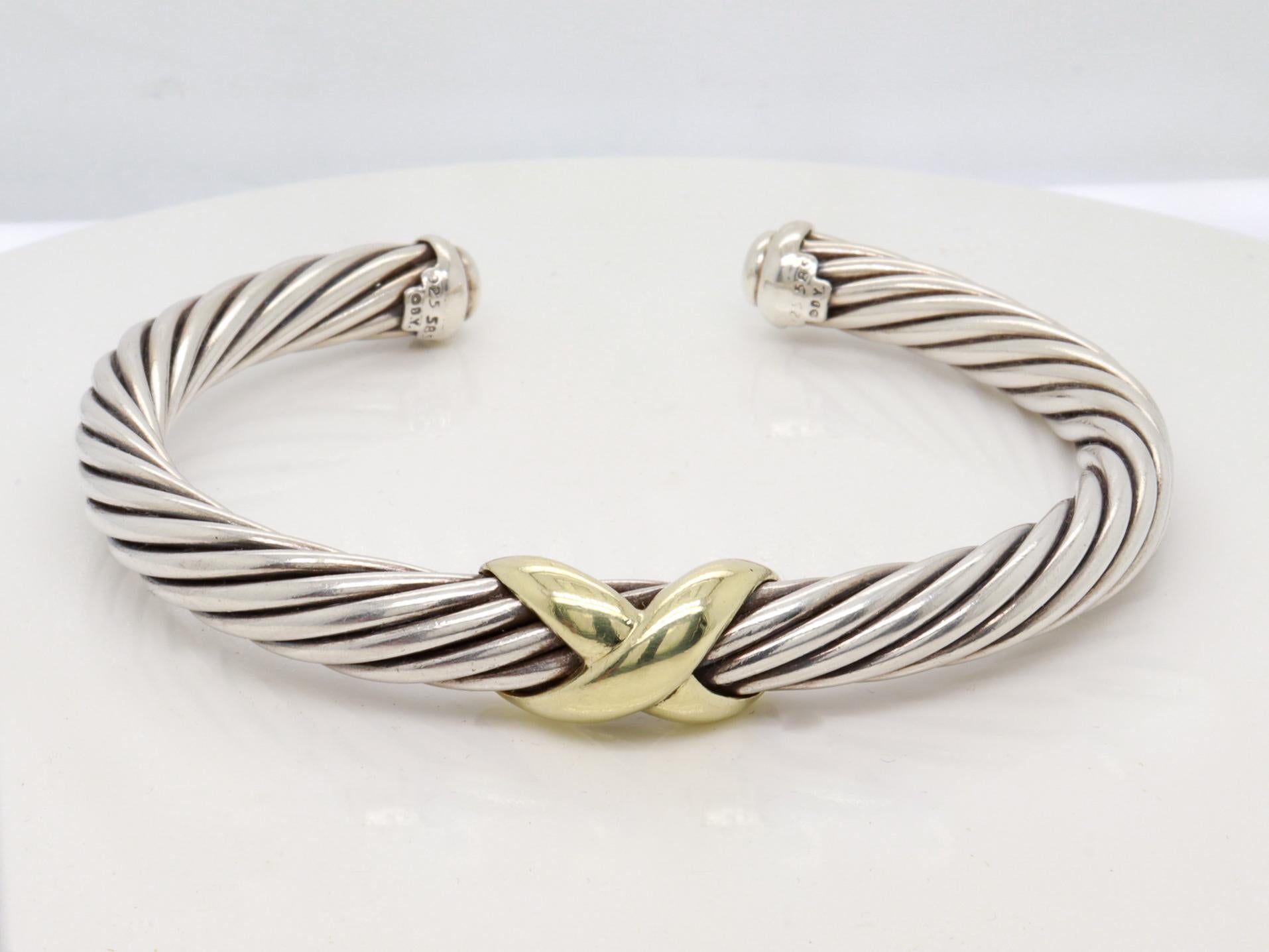 David Yurman Sterling Silver & 14K Gold X Classic Cable Station 7mm Bracelet en vente 1