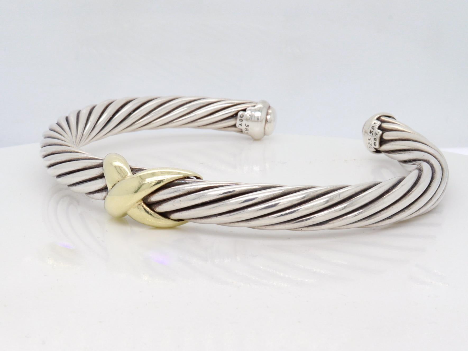 David Yurman Sterling Silver & 14K Gold X Classic Cable Station 7mm Bracelet en vente 2
