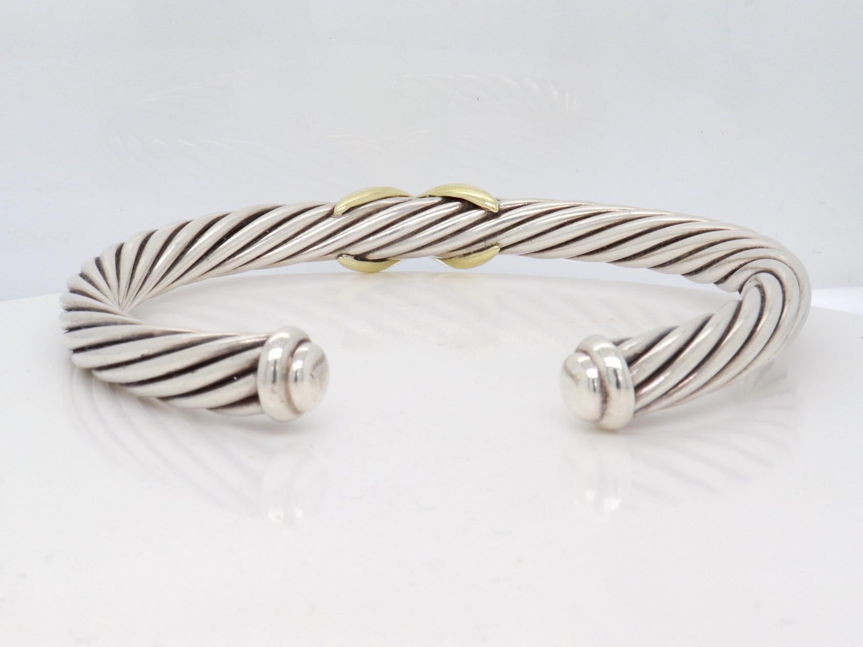 David Yurman Sterling Silver & 14K Gold X Classic Cable Station 7mm Bracelet en vente 4