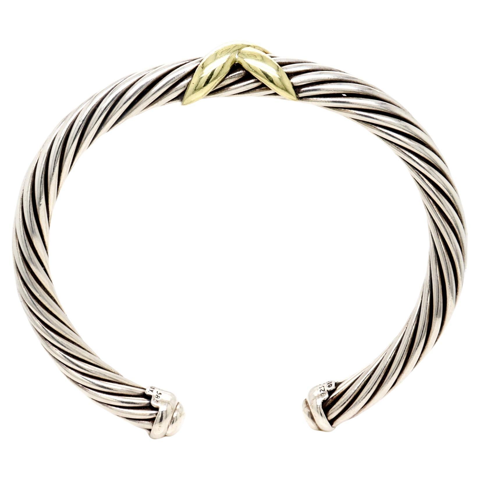 David Yurman Sterling Silver & 14K Gold X Classic Cable Station 7mm Bracelet en vente