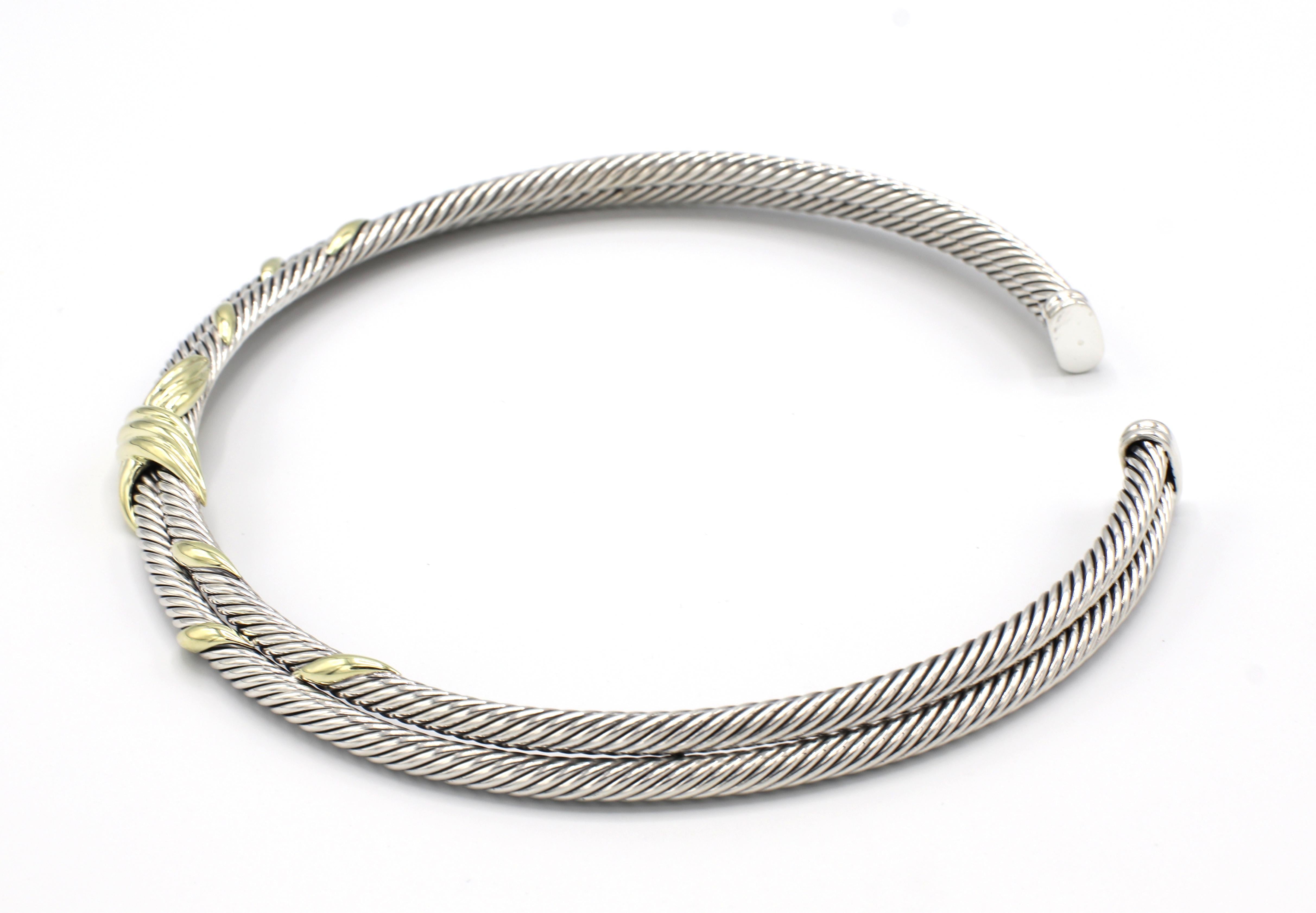 David Yurman Sterling Silver & 14K Gold X Double Cable Choker Collar Necklace
Metal: Sterling silver 925 & 14k yellow gold
Weight: 99.8 grams
Width: 10MM
Length: 14.5 inches
Signed: D. YURMAN 14K 925 
Flexible/adjustable 
