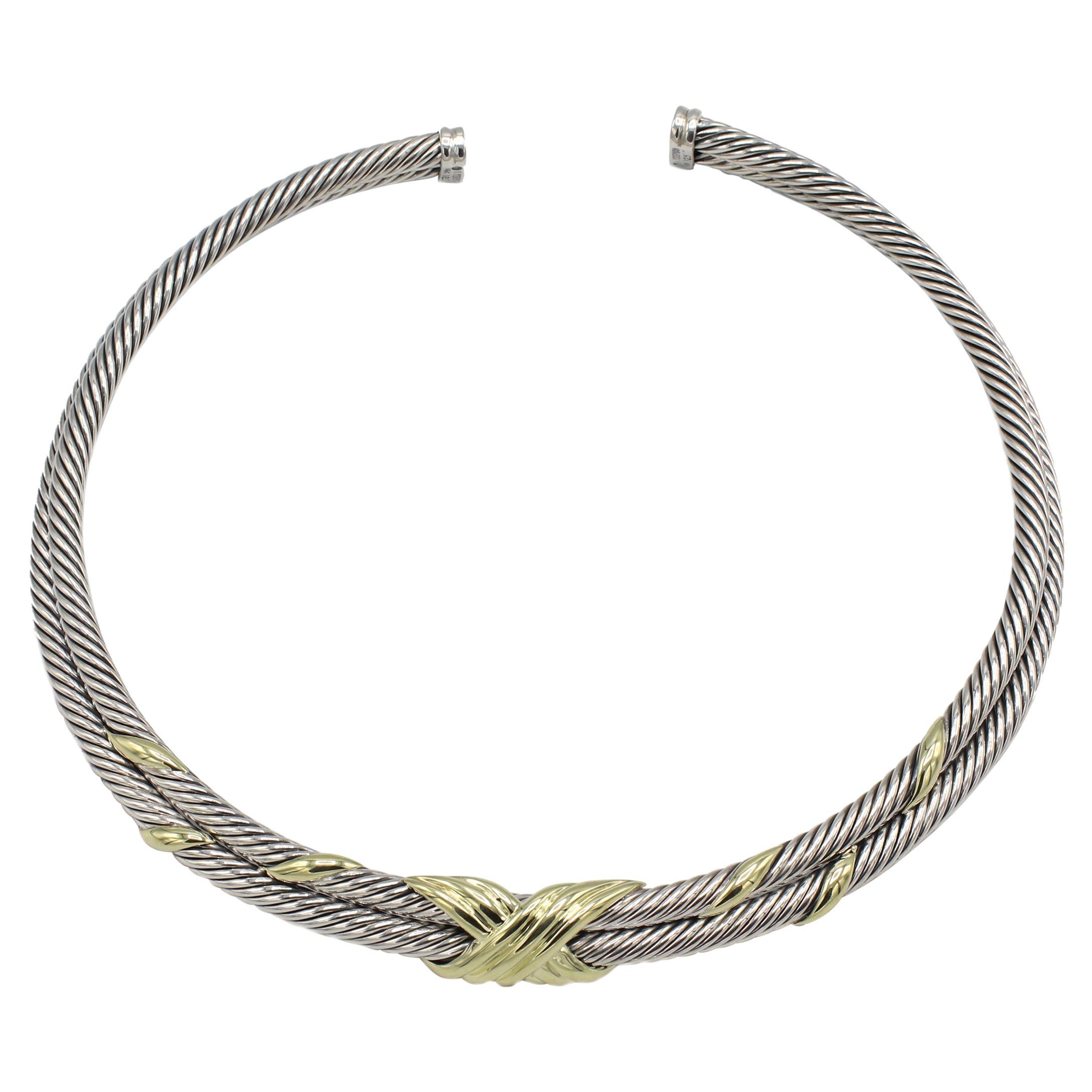 David Yurman Sterling Silver & 14k Gold X Double Cable Choker Collar Necklace