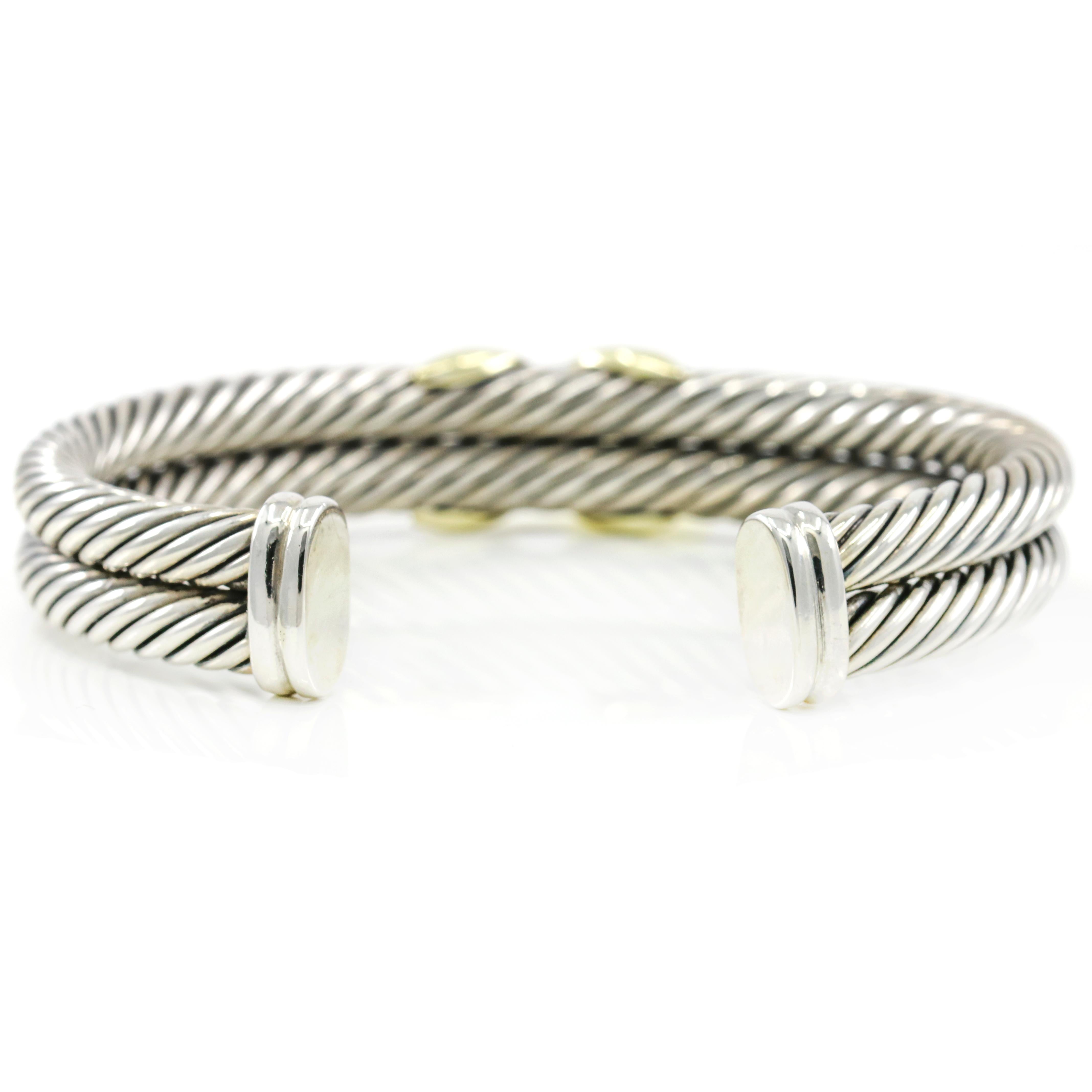 Women's David Yurman Sterling Silver 14 Karat Gold X-Double Cable Cuff Bracelet For Sale