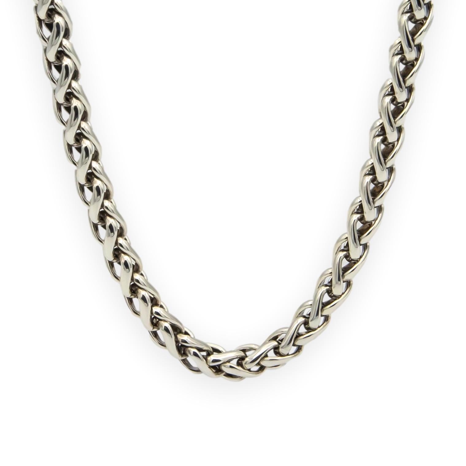 David Yurman wheat-link necklace in sterling silver with 14K yellow-gold end stations (hallmarked 925/585). Substantial 6 mm gauge links deliver a smooth, flexible drape; total length is 17 inches. Professionally cleaned and polished—ready to wear.