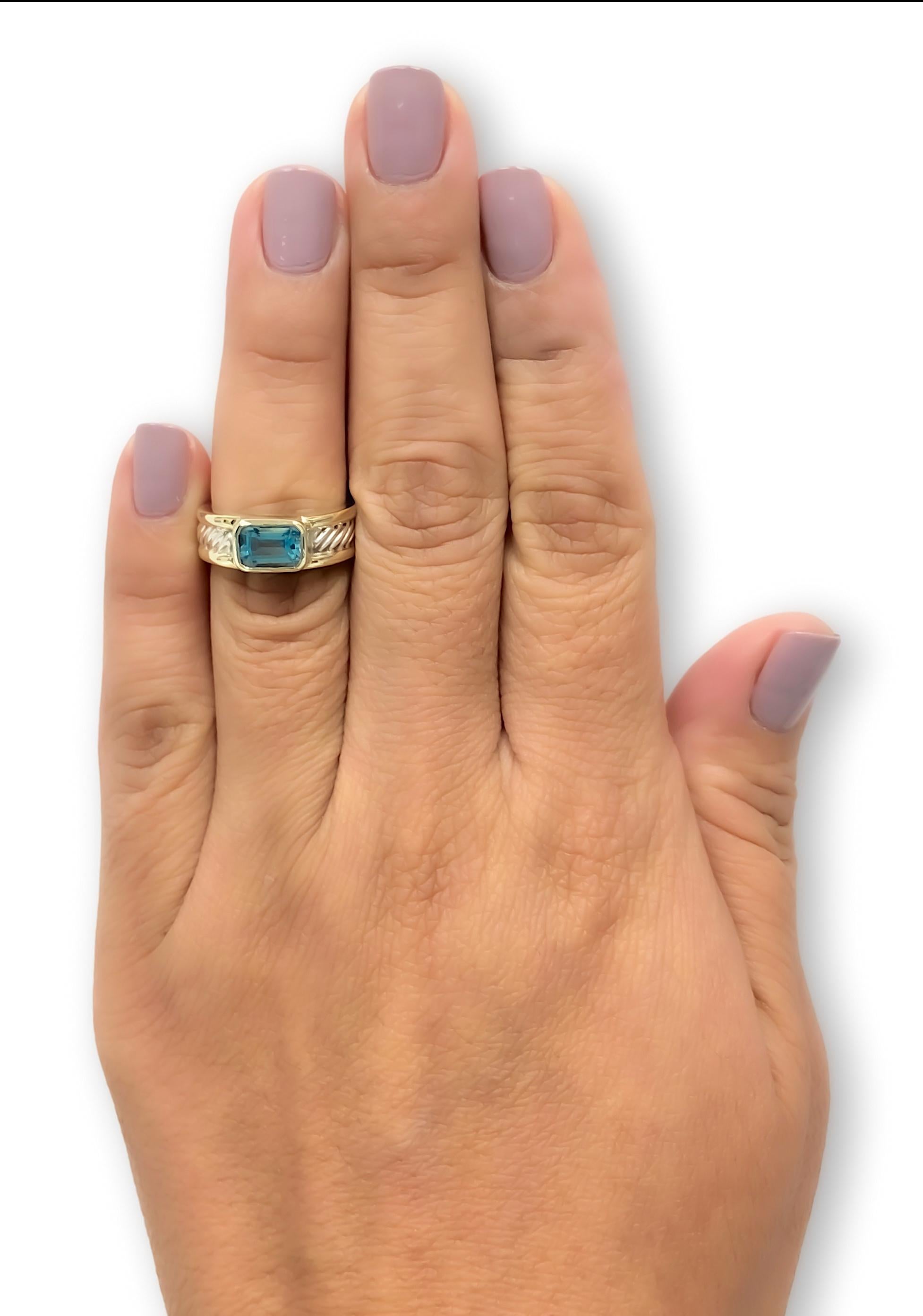 Contemporary David Yurman Sterling Silver 14K Yellow Gold Bezel Set Blue Topaz Cable Ring  For Sale